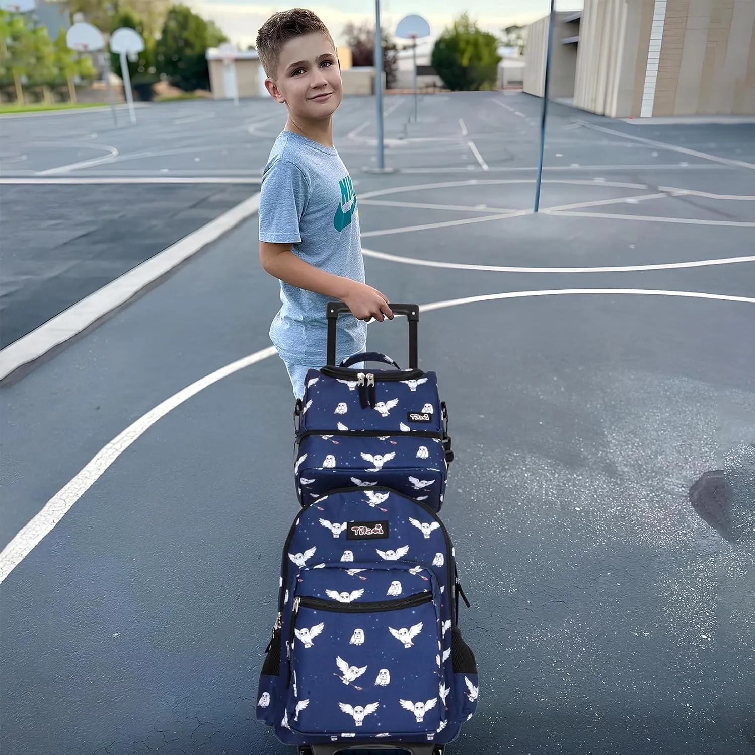 Tilami Rolling Backpack for Kids 18 Inch Double Handle Wheeled Bookbag for Boys & Girls for School & Travel,Owls Blue