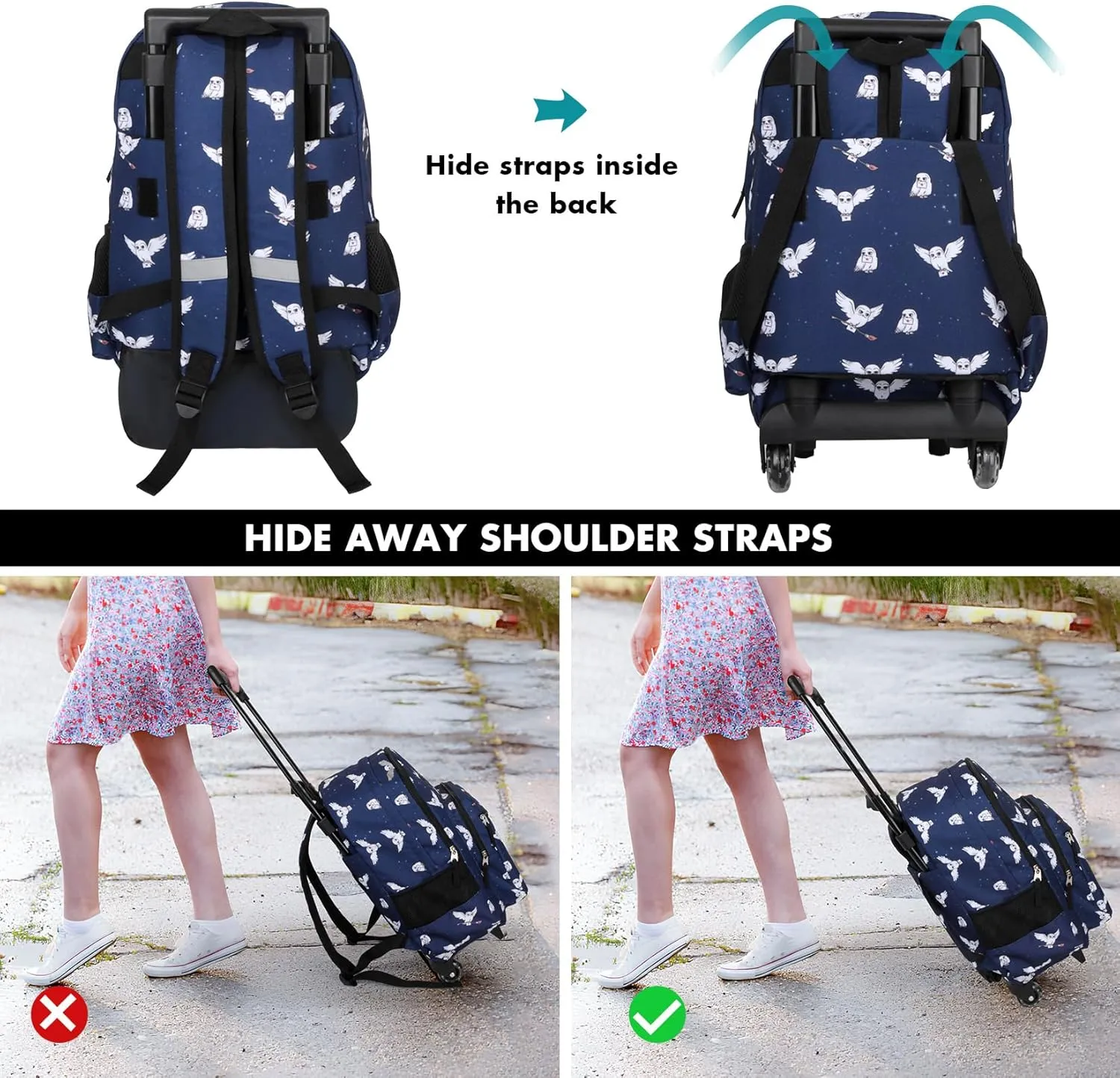 Tilami Rolling Backpack for Kids 18 Inch Double Handle Wheeled Bookbag for Boys & Girls for School & Travel,Owls Blue