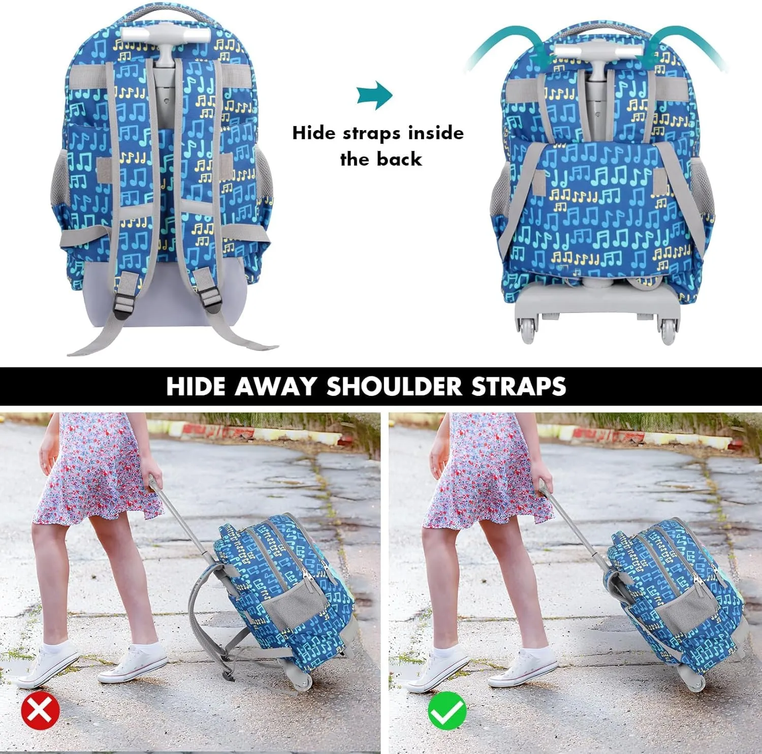 Tilami Rolling Backpack for Kids 18 Inch Wheeled Bookbag for Boys & Girls for School & Travel,Gitar