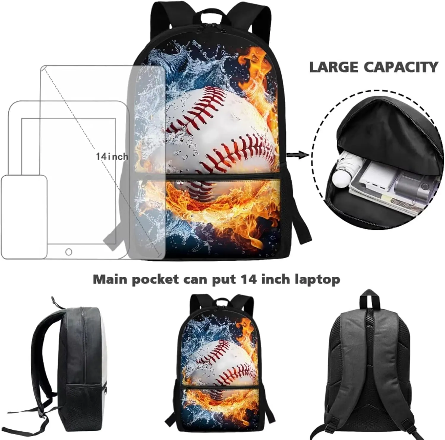TOADDITDO Baseball School Backpack for Boys 8-12 with Lunch Bag Water Fire Print Large School Bag Kids Hiking Camping Book Bags Laptop Backpacks Casual Daypack Rucksack Back Packs