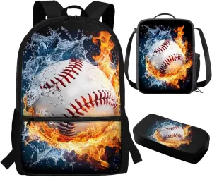 TOADDITDO Baseball School Backpack for Boys 8-12 with Lunch Bag Water Fire Print Large School Bag Kids Hiking Camping Book Bags Laptop Backpacks Casual Daypack Rucksack Back Packs