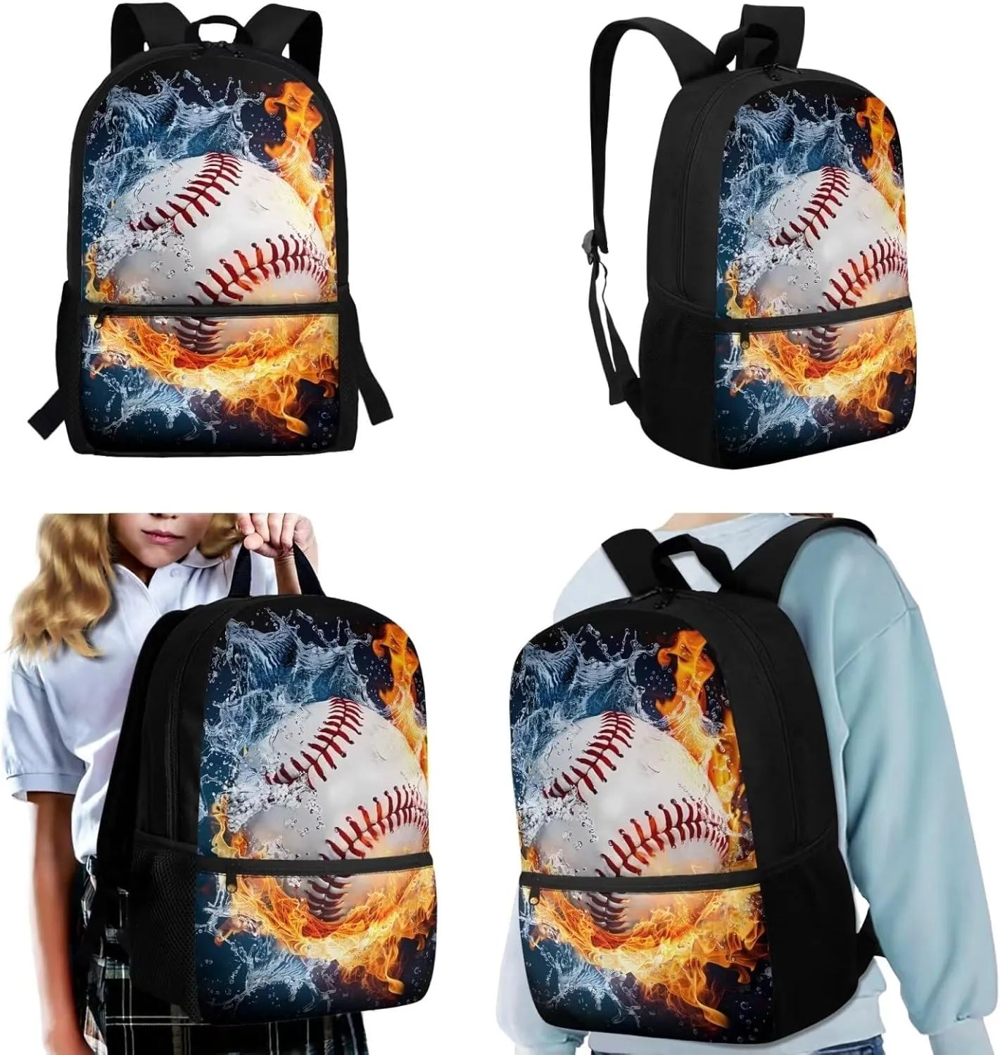 TOADDITDO Baseball School Backpack for Boys 8-12 with Lunch Bag Water Fire Print Large School Bag Kids Hiking Camping Book Bags Laptop Backpacks Casual Daypack Rucksack Back Packs