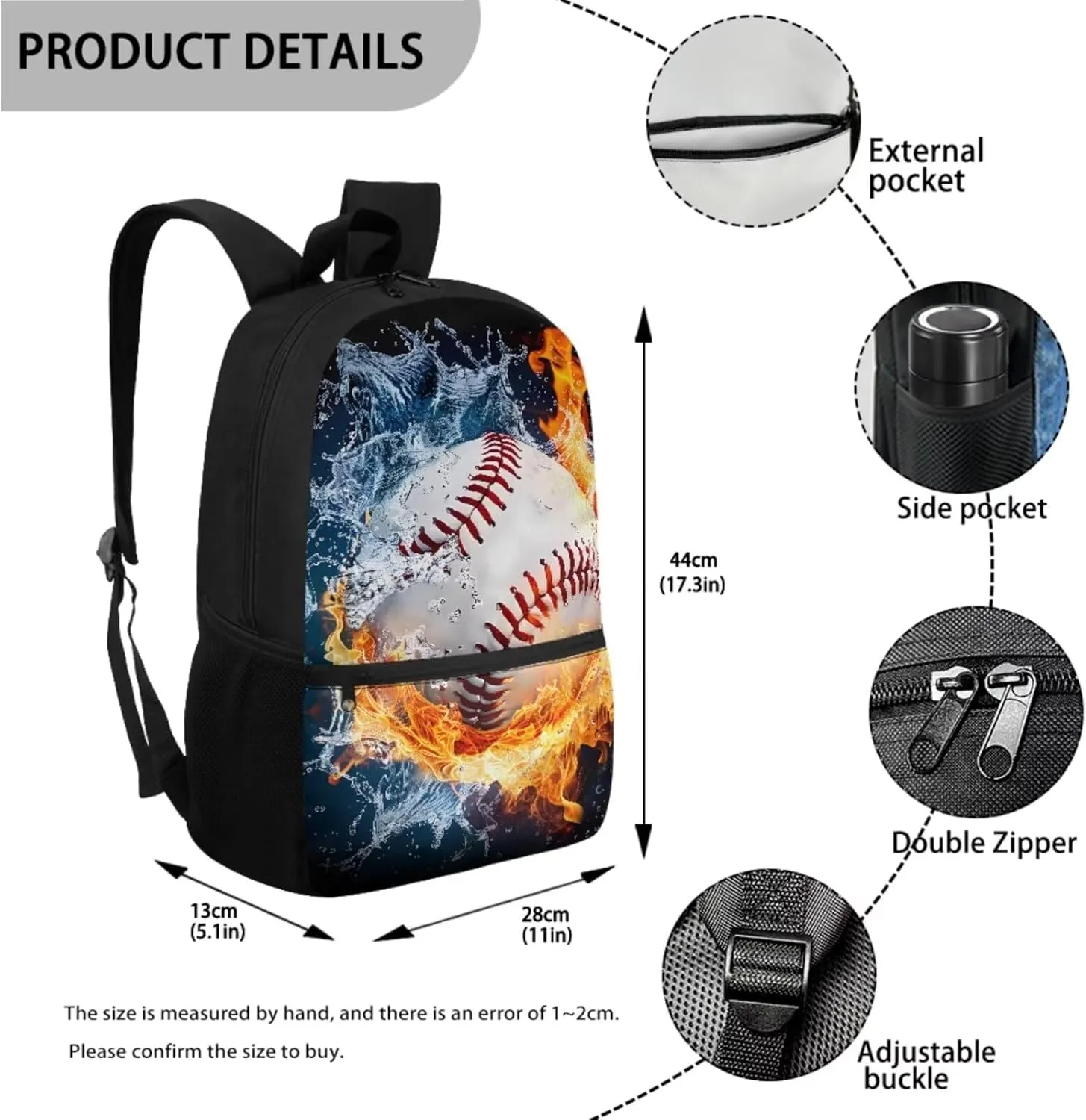 TOADDITDO Baseball School Backpack for Boys 8-12 with Lunch Bag Water Fire Print Large School Bag Kids Hiking Camping Book Bags Laptop Backpacks Casual Daypack Rucksack Back Packs