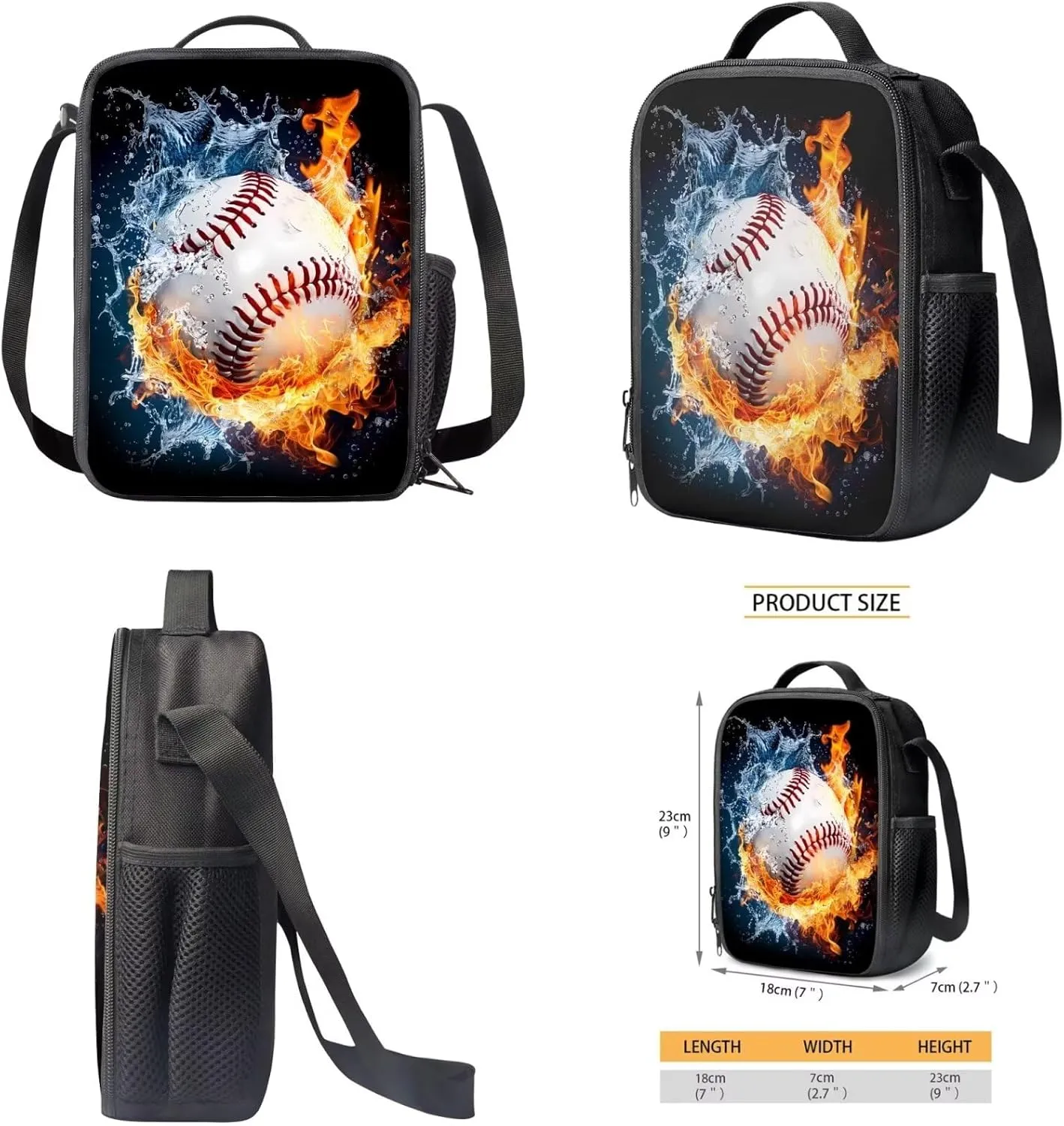 TOADDITDO Baseball School Backpack for Boys 8-12 with Lunch Bag Water Fire Print Large School Bag Kids Hiking Camping Book Bags Laptop Backpacks Casual Daypack Rucksack Back Packs