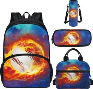 TOADDITDO Boys Backpacks Ages 8-10 Baseball School Bag Set with Lunchbox Pencil Case Water Bottle Cover Water Fire Print Large Capacity Book Bags Student Hiking Camping Backpacks Casual Daypack