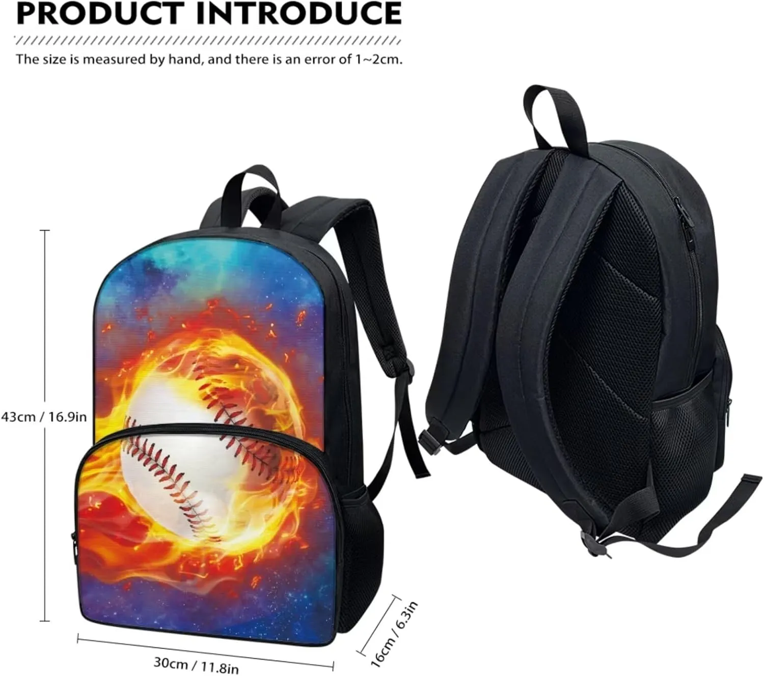 TOADDITDO Boys Backpacks Ages 8-10 Baseball School Bag Set with Lunchbox Pencil Case Water Bottle Cover Water Fire Print Large Capacity Book Bags Student Hiking Camping Backpacks Casual Daypack