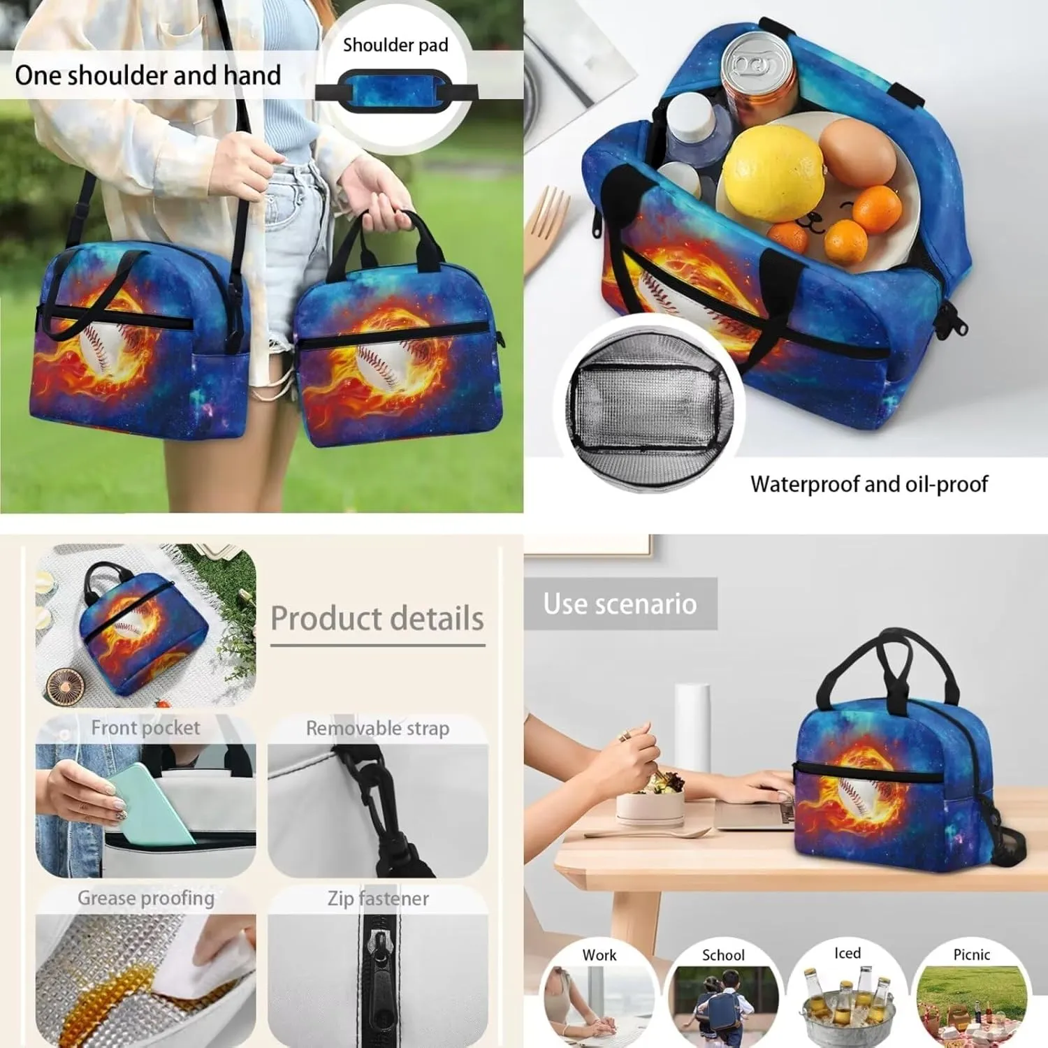 TOADDITDO Boys Backpacks Ages 8-10 Baseball School Bag Set with Lunchbox Pencil Case Water Bottle Cover Water Fire Print Large Capacity Book Bags Student Hiking Camping Backpacks Casual Daypack