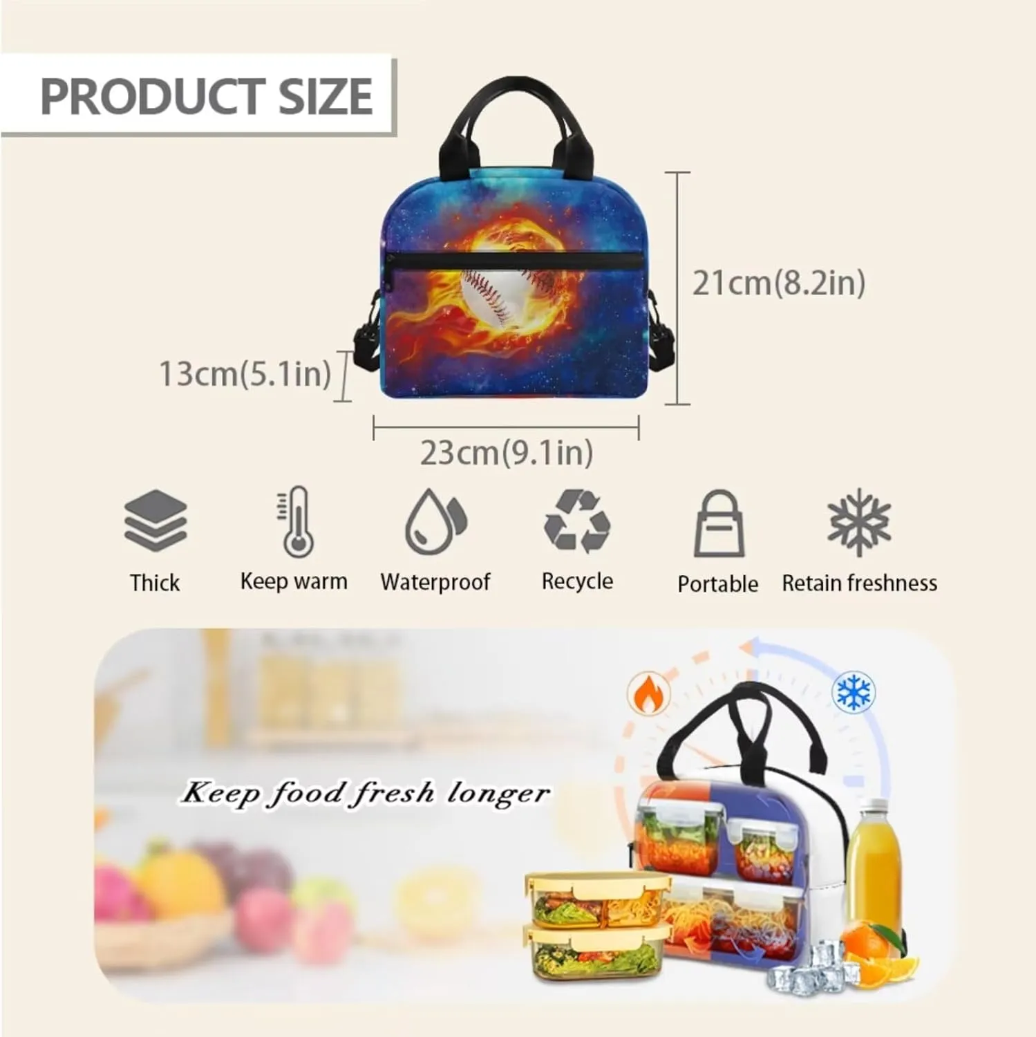 TOADDITDO Boys Backpacks Ages 8-10 Baseball School Bag Set with Lunchbox Pencil Case Water Bottle Cover Water Fire Print Large Capacity Book Bags Student Hiking Camping Backpacks Casual Daypack