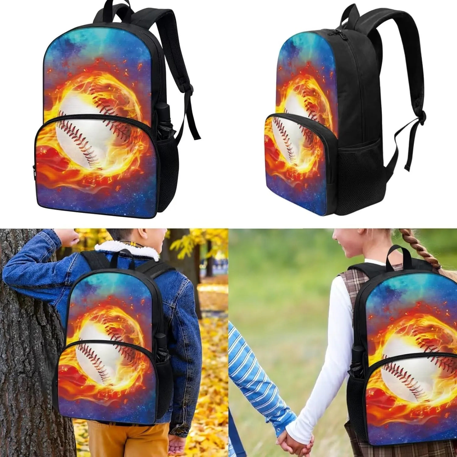 TOADDITDO Boys Backpacks Ages 8-10 Baseball School Bag Set with Lunchbox Pencil Case Water Bottle Cover Water Fire Print Large Capacity Book Bags Student Hiking Camping Backpacks Casual Daypack