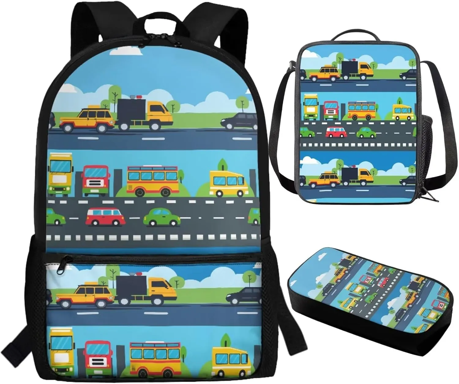 TOADDITDO Kids Backpack Boys Toddler Cars Kindergarten 3 Piece Book Bag Set with Lunch Box Pencil Case 4-6 Kids Large Schoolbags Preschool Daypack Lightweight Travel Duffel Bags Rucksack Backpacks