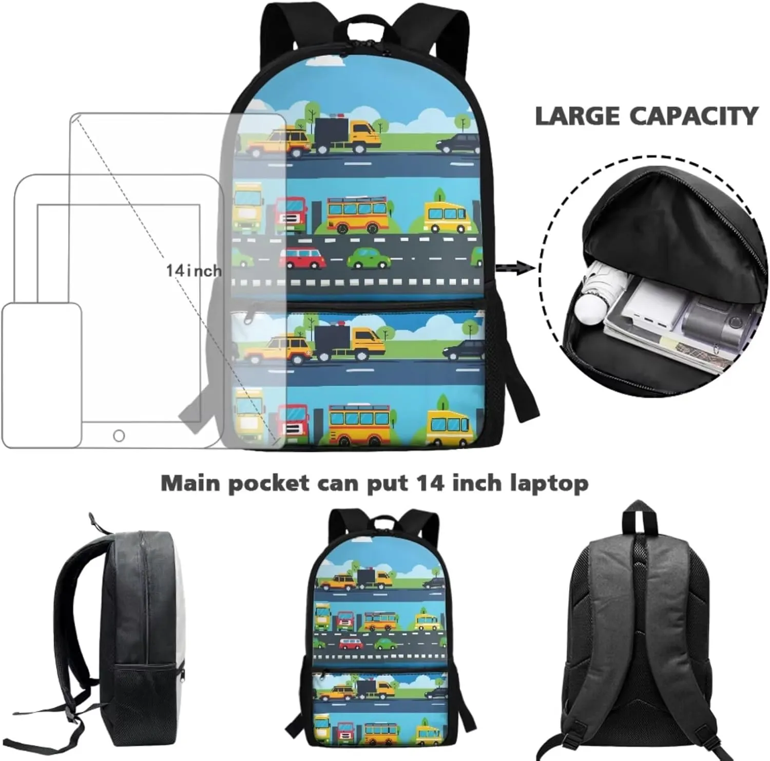 TOADDITDO Kids Backpack Boys Toddler Cars Kindergarten 3 Piece Book Bag Set with Lunch Box Pencil Case 4-6 Kids Large Schoolbags Preschool Daypack Lightweight Travel Duffel Bags Rucksack Backpacks