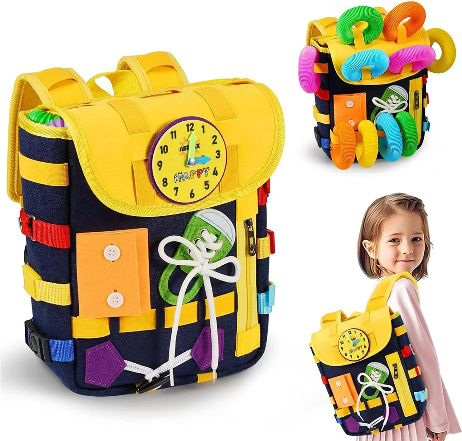 Toddler Backpack with Learning Toys, Busy Board Montessori Toys for 1 2 3 4 Year Old, Sensory Board Educational Toy with Numbers Buckles, Children's Buckle Toys for Toddlers 1-3