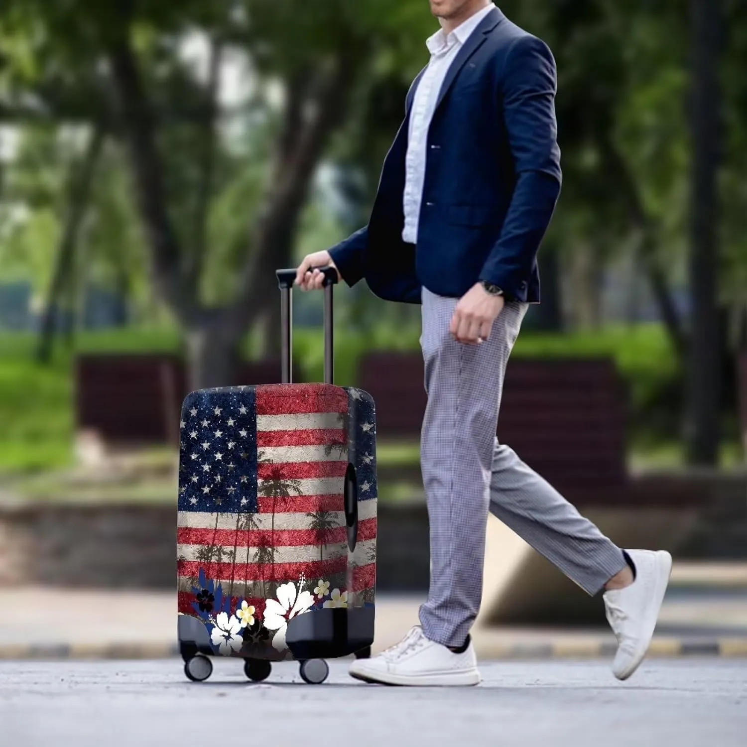 TODIYADDU American Flag Flowers Thick Elastic Luggage Protective Cover Fashion Trolley Case for Suitcase Cover Baggage Travel Bag Cases Fits for Kids & Adult Reusable Dust Cover for Luggage, M
