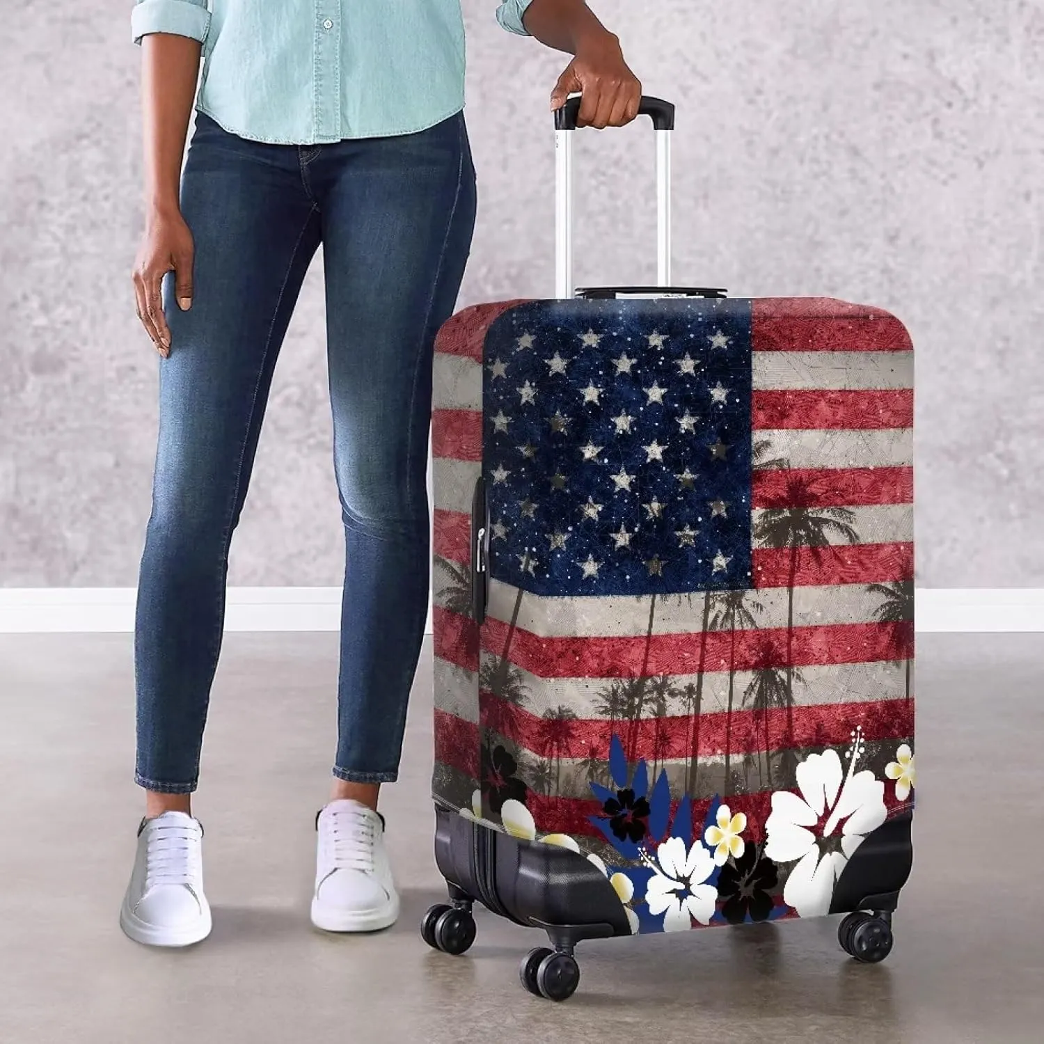 TODIYADDU American Flag Flowers Thick Elastic Luggage Protective Cover Fashion Trolley Case for Suitcase Cover Baggage Travel Bag Cases Fits for Kids & Adult Reusable Dust Cover for Luggage, M