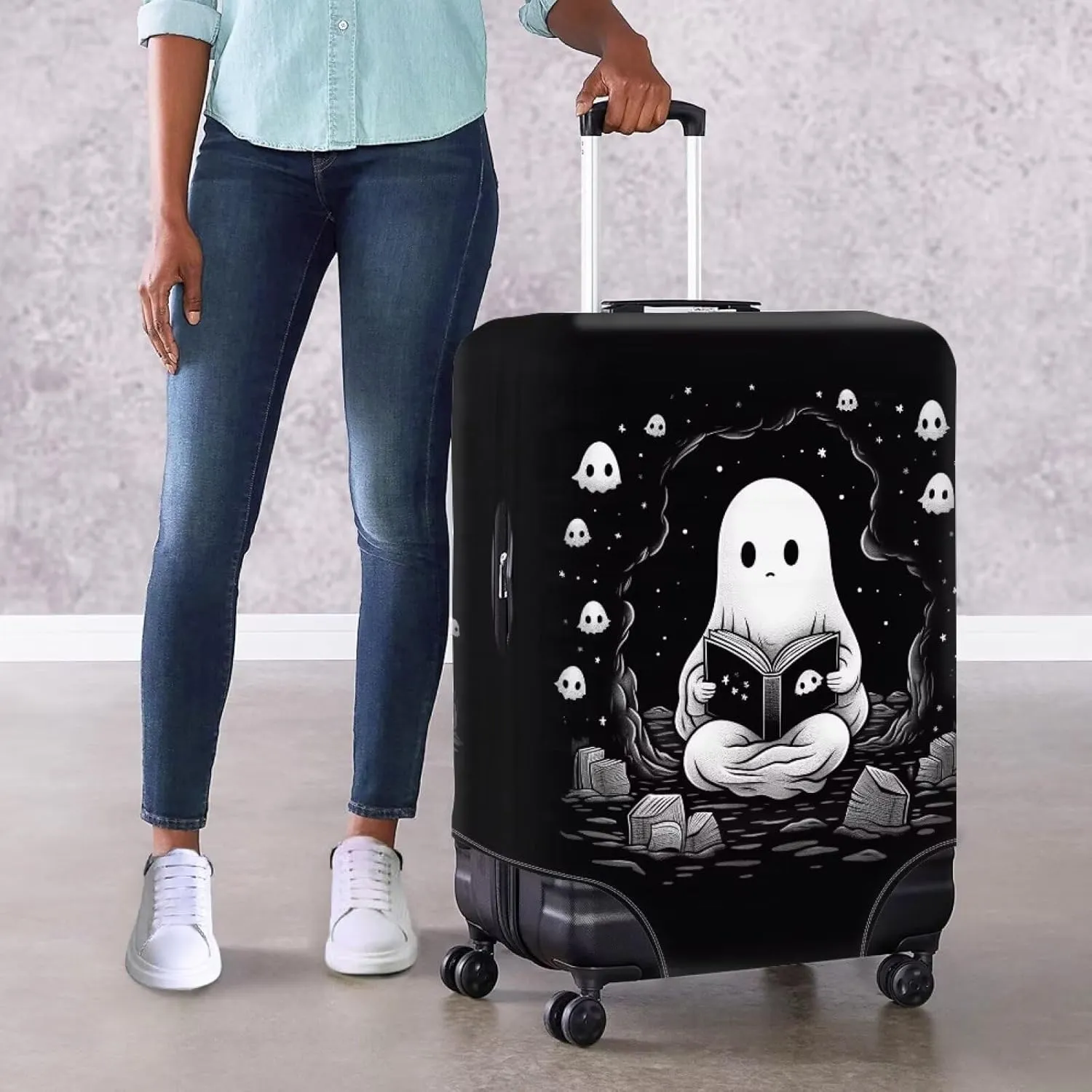 TODIYADDU Black Cute Ghost Elastic Luggage Protective Covers for 25-28 inch Trolley Suitcase Protect Dust Bag Case Child Cartoon Travel Accessories Anti-Scratch Luggage Outerwear Halloween Gifts, L