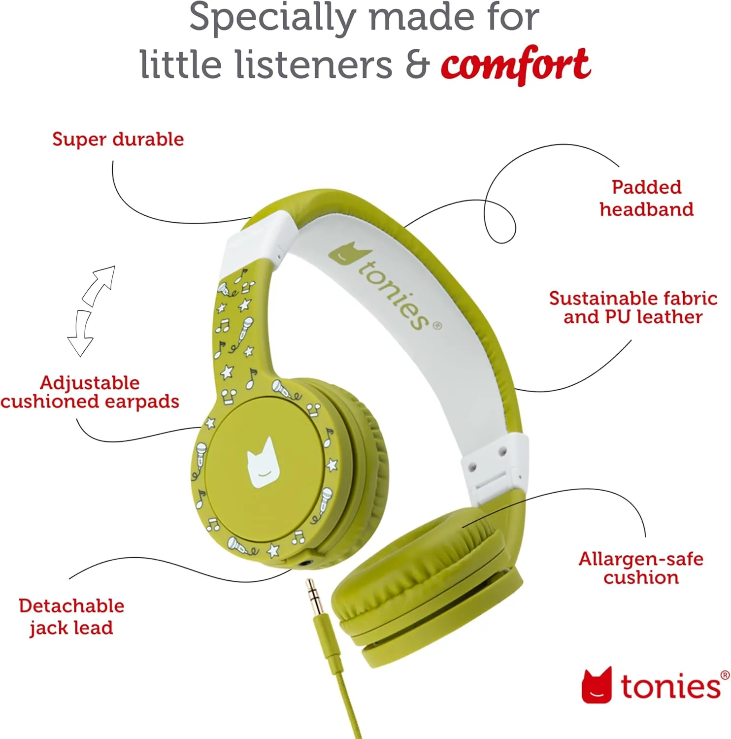 Tonies Foldable Wired Headphones for Kids - Comfortably Designed to fit On-Ear - Works with Toniebox and All 3.5mm Devices - Green