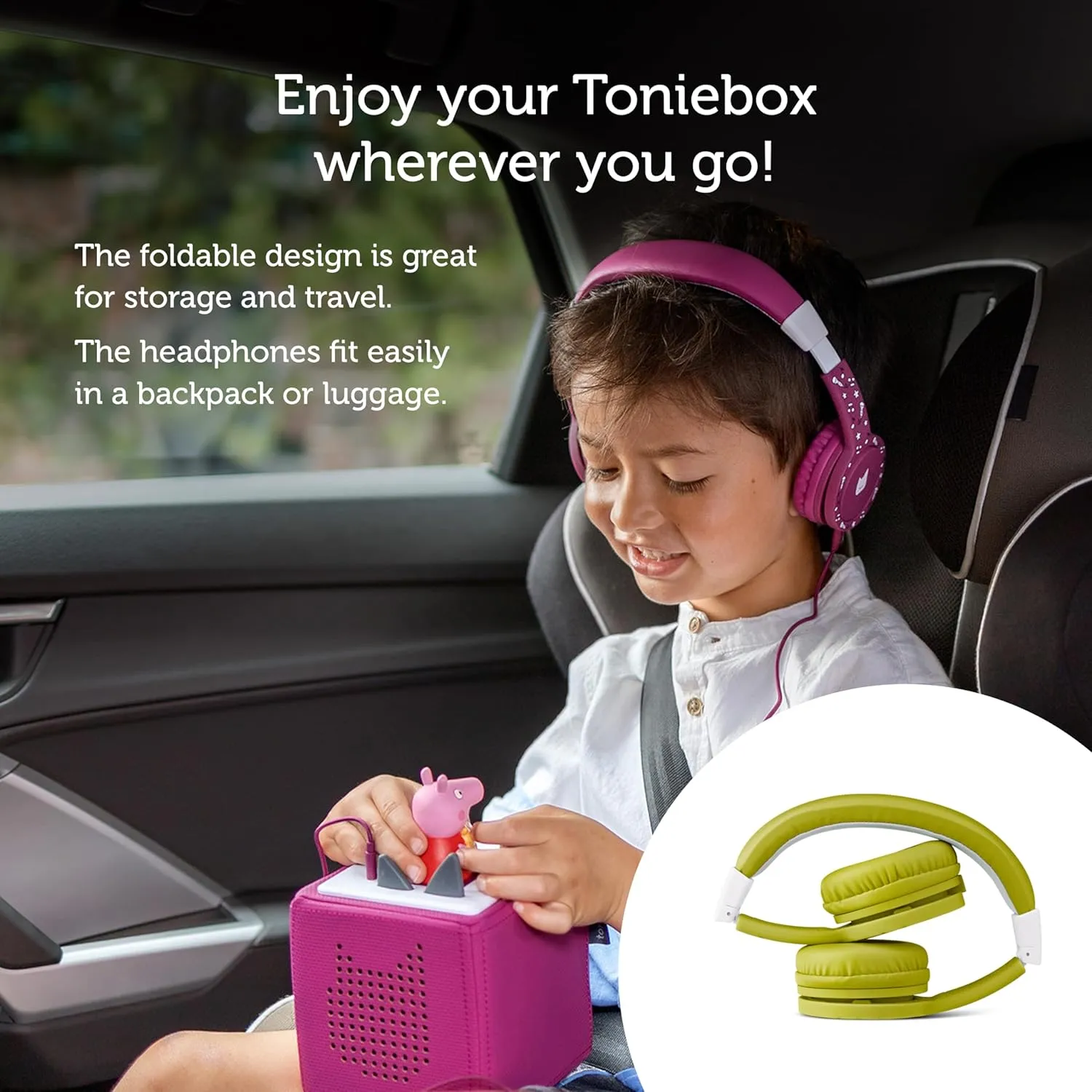 Tonies Foldable Wired Headphones for Kids - Comfortably Designed to fit On-Ear - Works with Toniebox and All 3.5mm Devices - Green