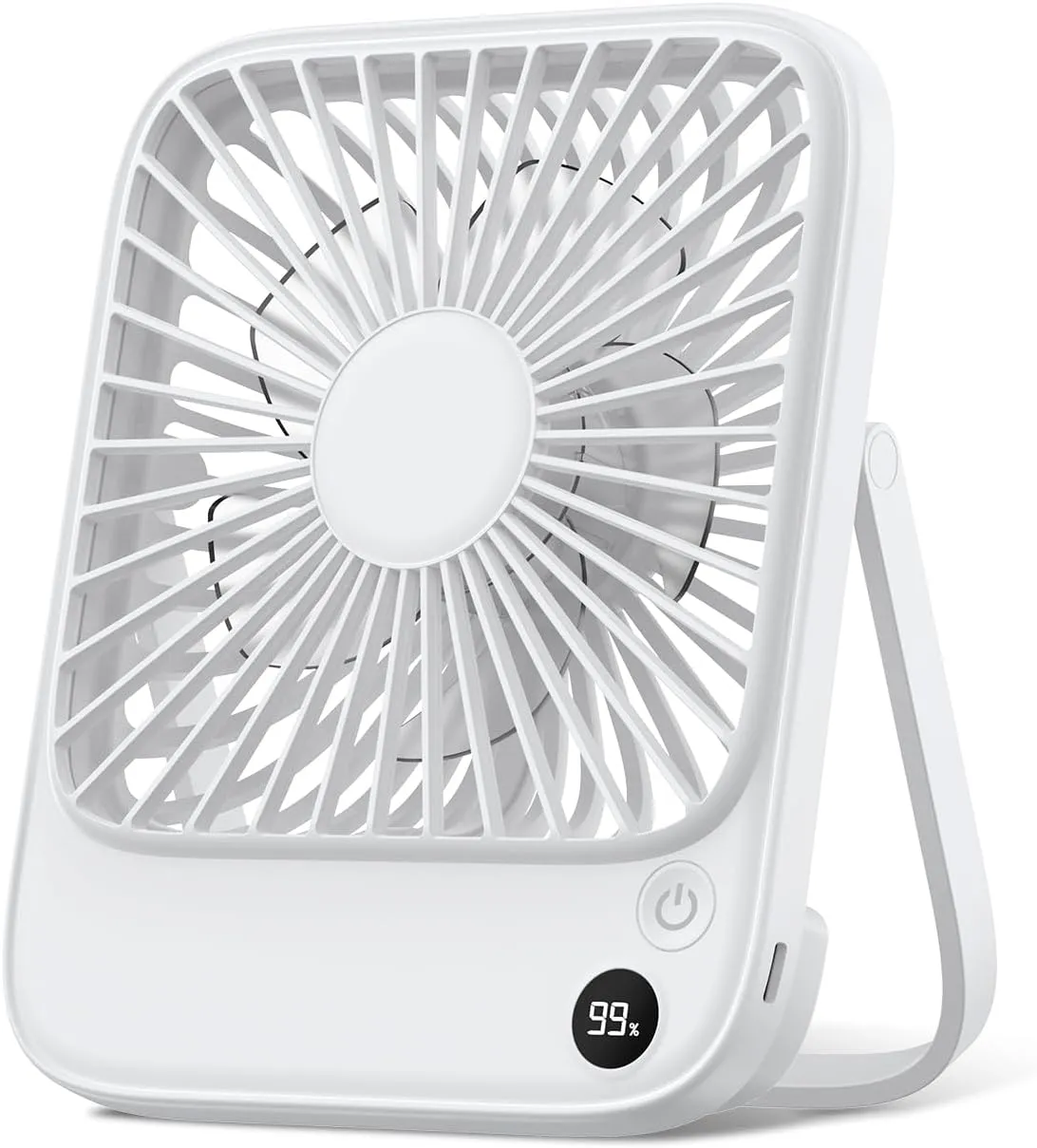 TOPK 5000mAh Portable Desk Fan Rechargeable, Battery Operated Desktop Fan, Quiet Thin Personal Fan with Power & Speed Display for Office,Travel,Library,Bedroom,Outdoor White