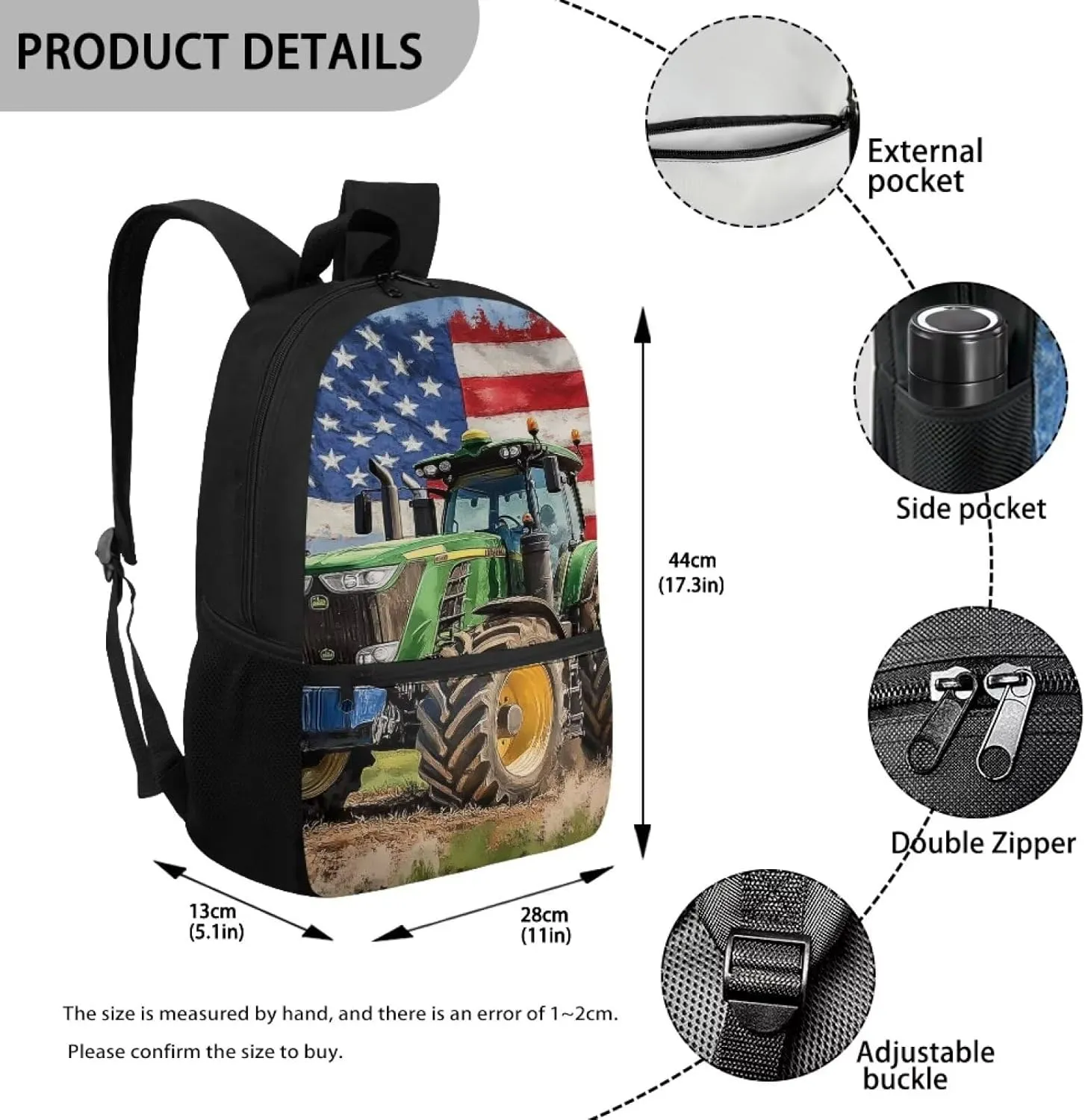 Tractor Backpack for Toddler Boys America Flag Boys Backpacks for Kids 6-8 Polyester 17 Inch School Bag with Front Zipper Pockets for Primary School Students