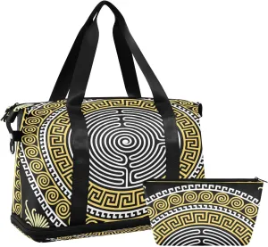 Traditional Vintage Golden Greek Ornament On Black Foldable Travel Bag, Camping Luggage bag, Portable Gym Bag, Sports Bag, Toiletry Bag with Handles Adjustable Shoulder Strap