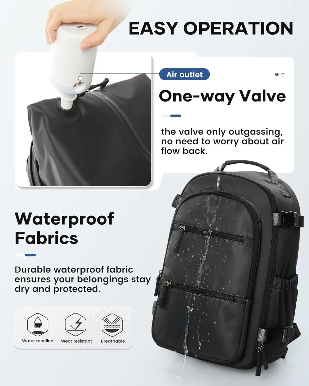 Travel Airback Backpack with Vacuum Compression, Waterproof Travel Backpack with Air Pump, Personal Item Bag United Airlines Approved, Vacuum Seal Small Carry On Luggage, Black