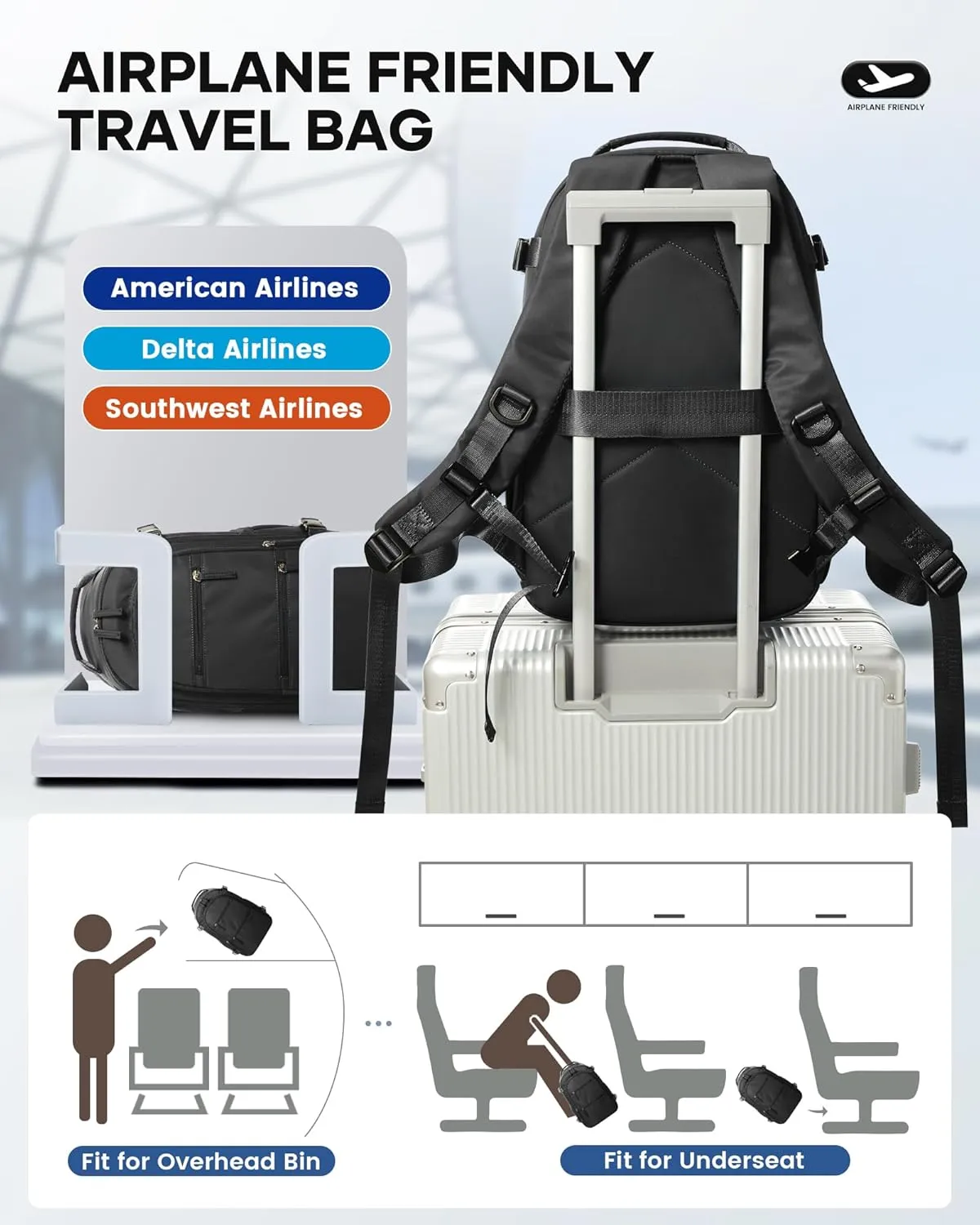 Travel Airback Backpack with Vacuum Compression, Waterproof Travel Backpack with Air Pump, Personal Item Bag United Airlines Approved, Vacuum Seal Small Carry On Luggage, Black