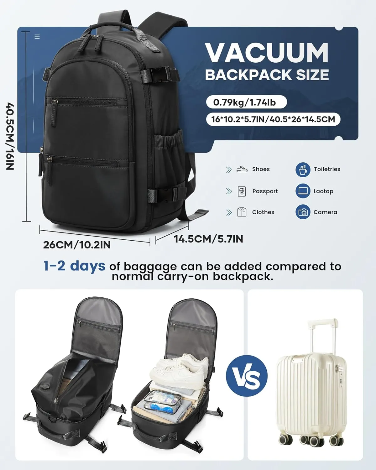 Travel Airback Backpack with Vacuum Compression, Waterproof Travel Backpack with Air Pump, Personal Item Bag United Airlines Approved, Vacuum Seal Small Carry On Luggage, Black