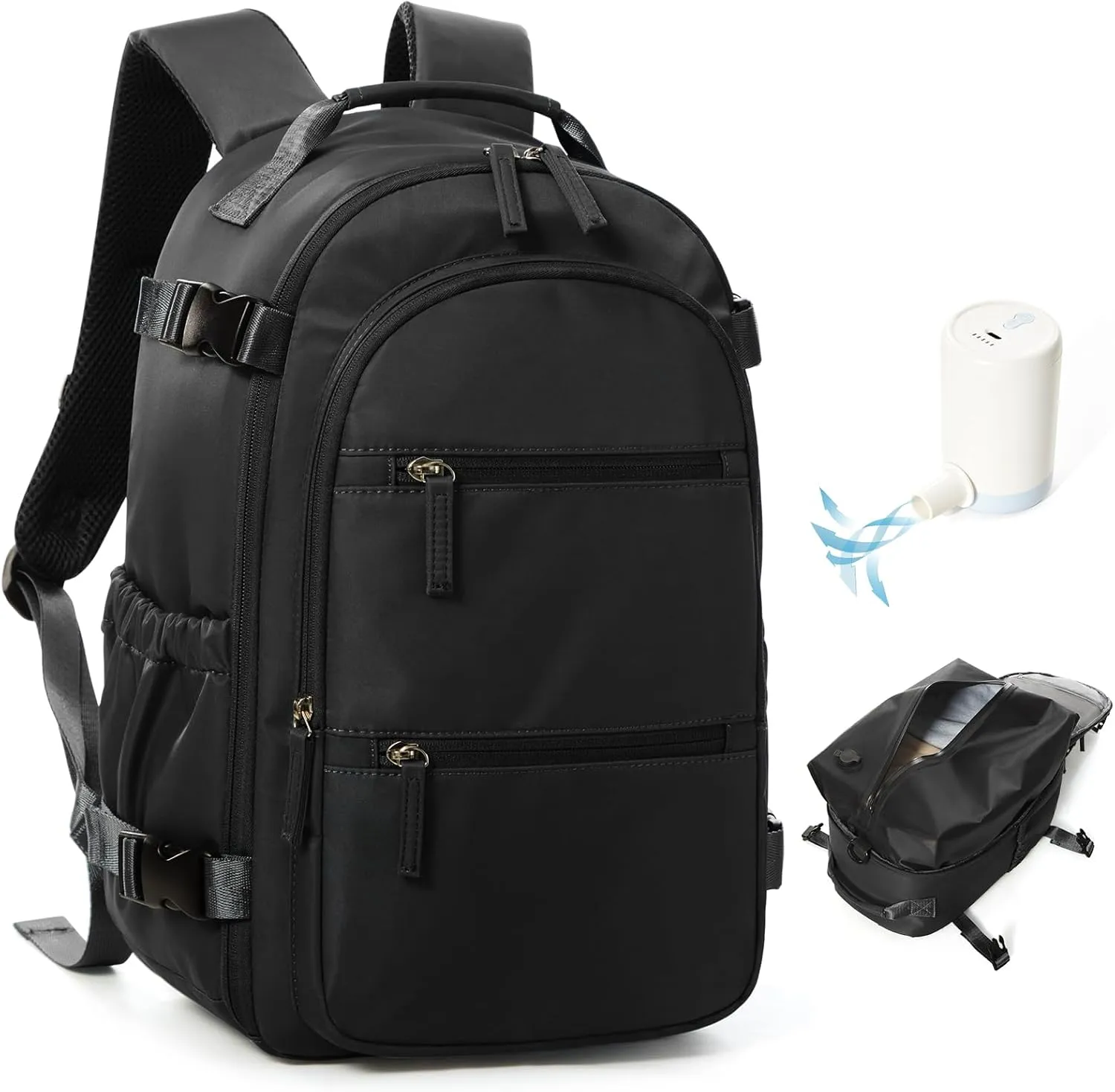 Travel Airback Backpack with Vacuum Compression, Waterproof Travel Backpack with Air Pump, Personal Item Bag United Airlines Approved, Vacuum Seal Small Carry On Luggage, Black