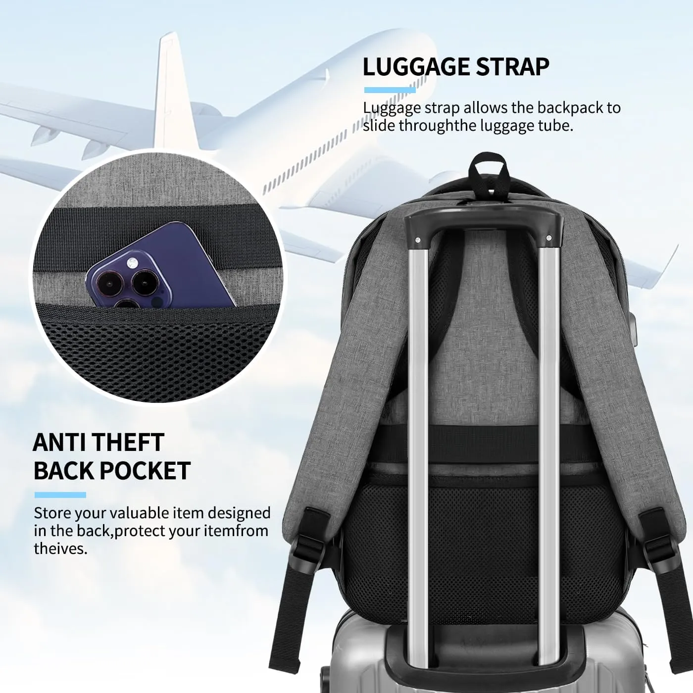 Travel Backpack for Men Women, Business Water Resistant Laptop Backpack with USB Charging Port, College School Bookbag Fits 17.3 Inch Laptop, Sturdy Laptop Bag, Gifts for boys Girls, Grey