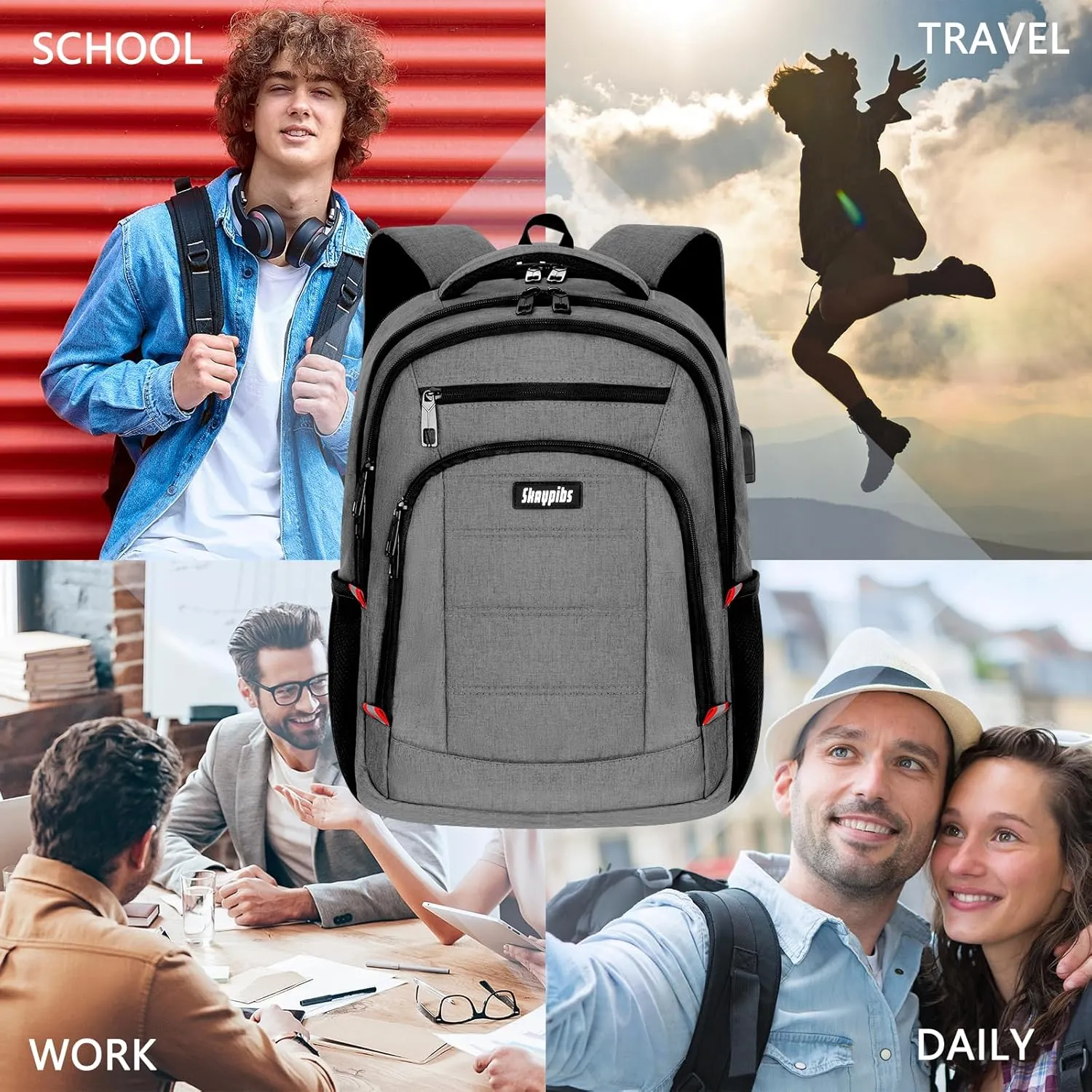 Travel Backpack for Men Women, Business Water Resistant Laptop Backpack with USB Charging Port, College School Bookbag Fits 17.3 Inch Laptop, Sturdy Laptop Bag, Gifts for boys Girls, Grey