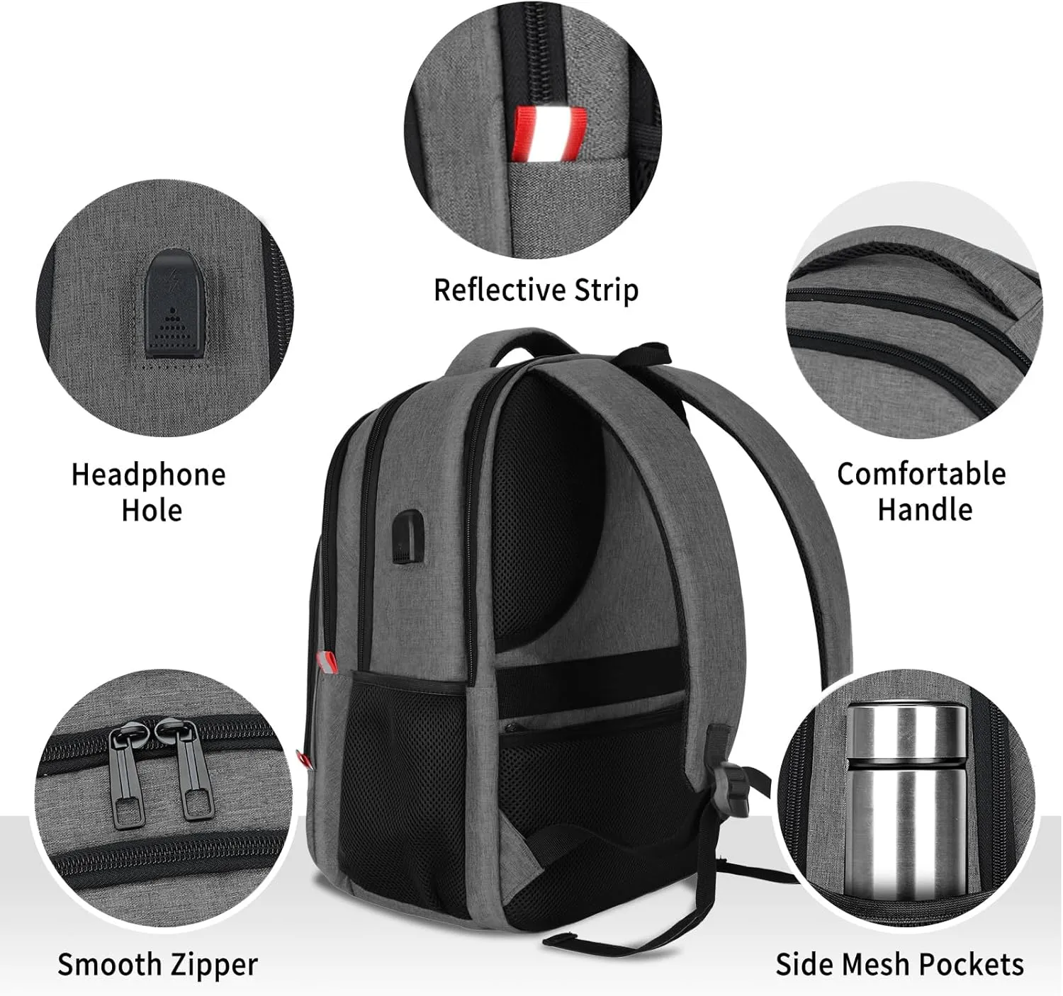 Travel Backpack for Men Women, Business Water Resistant Laptop Backpack with USB Charging Port, College School Bookbag Fits 17.3 Inch Laptop, Sturdy Laptop Bag, Gifts for boys Girls, Grey