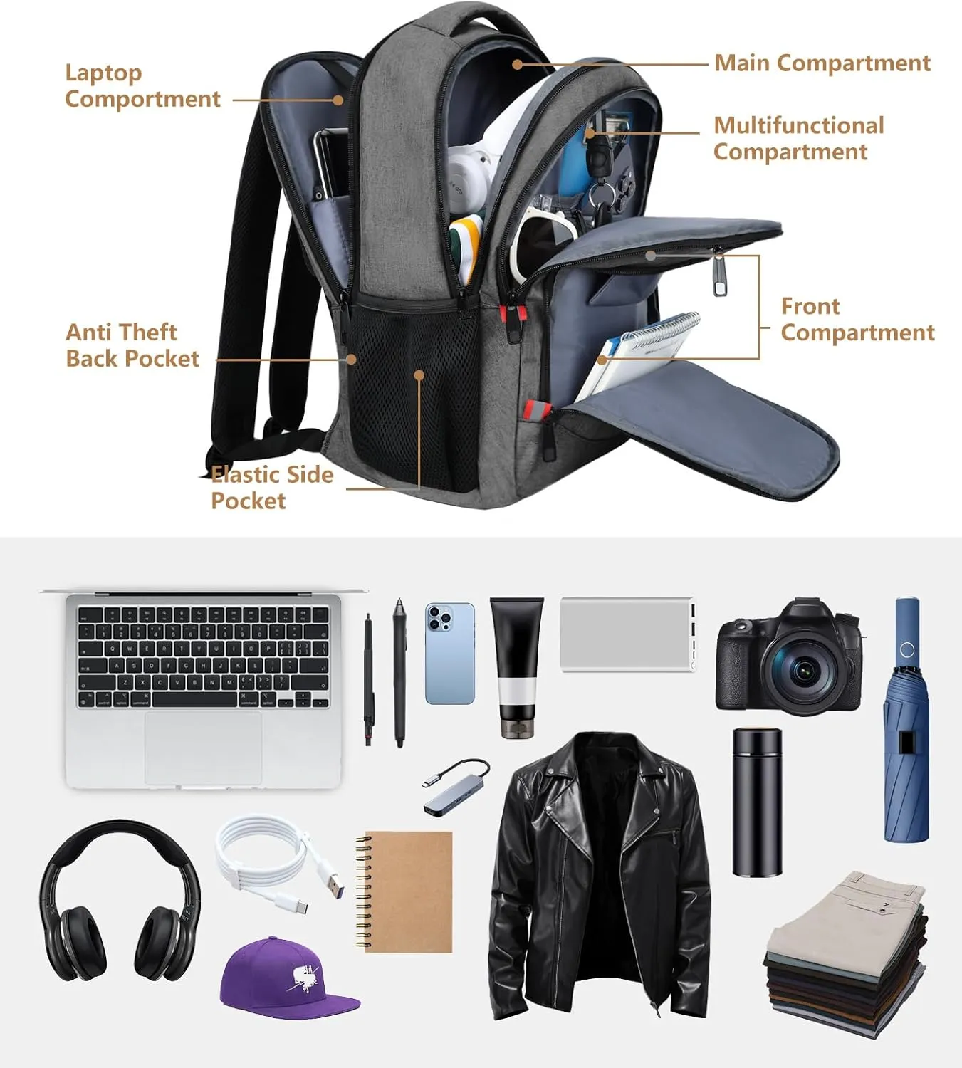 Travel Backpack for Men Women, Business Water Resistant Laptop Backpack with USB Charging Port, College School Bookbag Fits 17.3 Inch Laptop, Sturdy Laptop Bag, Gifts for boys Girls, Grey