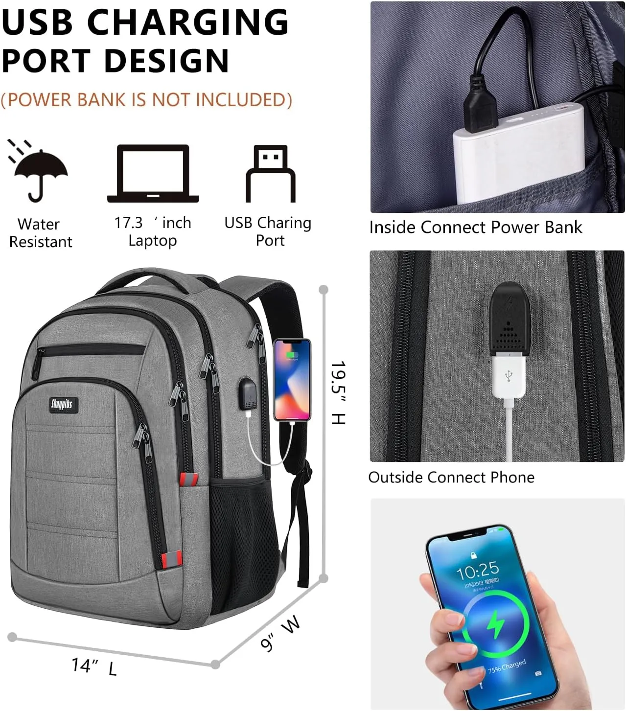 Travel Backpack for Men Women, Business Water Resistant Laptop Backpack with USB Charging Port, College School Bookbag Fits 17.3 Inch Laptop, Sturdy Laptop Bag, Gifts for boys Girls, Grey