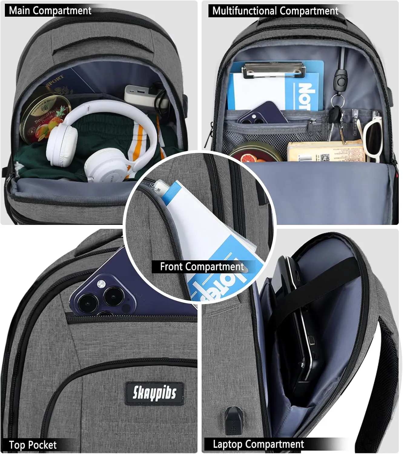 Travel Backpack for Men Women, Business Water Resistant Laptop Backpack with USB Charging Port, College School Bookbag Fits 17.3 Inch Laptop, Sturdy Laptop Bag, Gifts for boys Girls, Grey
