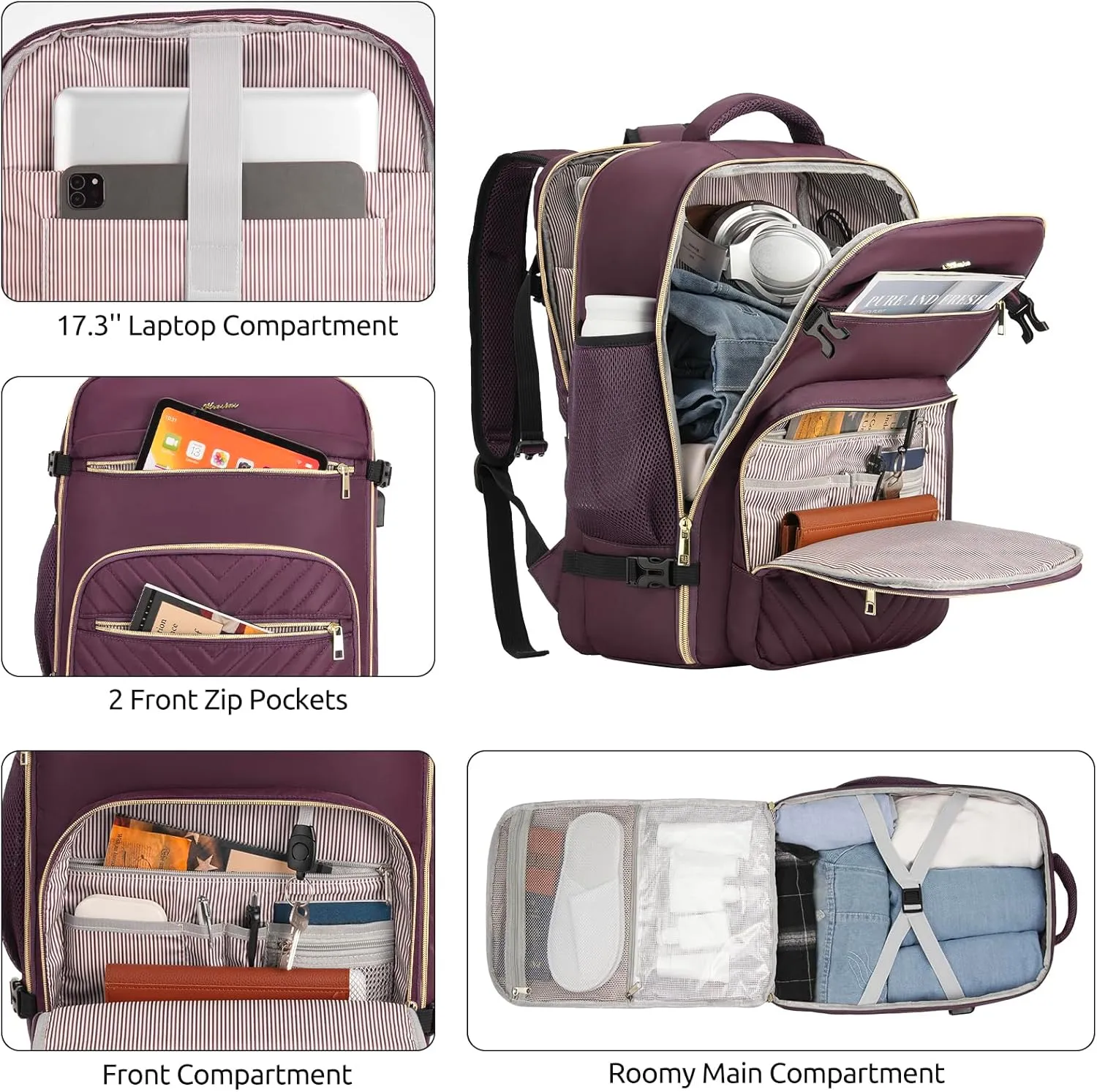 Travel Backpack for Women, Carry On Backpack for Airplanes Flight Approved, Waterproof Large Weekender Overnight Bag Fit 17 Inch Laptop with USB Charging Port, Dark Purple