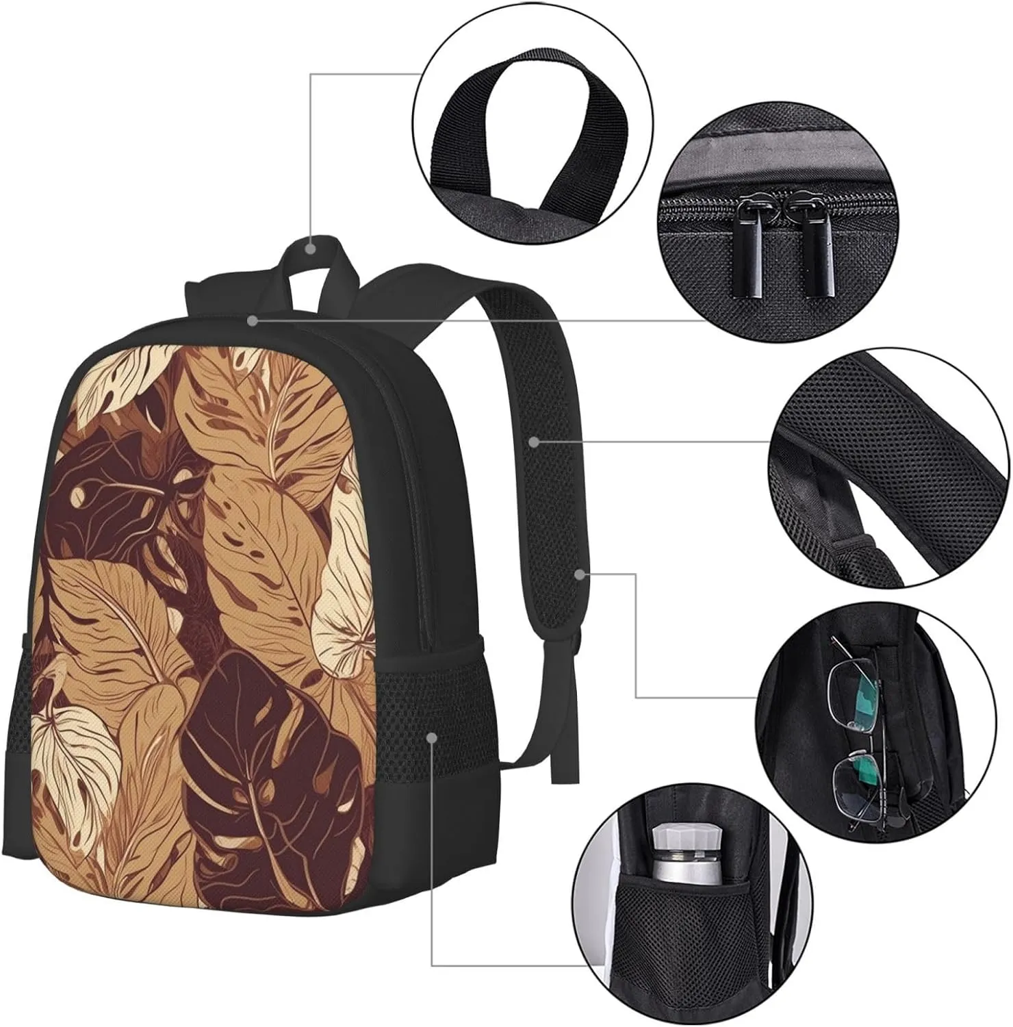 Travel Backpack for Women Men Laptop Backpack 15.6 Inch Computer Bag Brown tropical leaves Carry on Backpack
