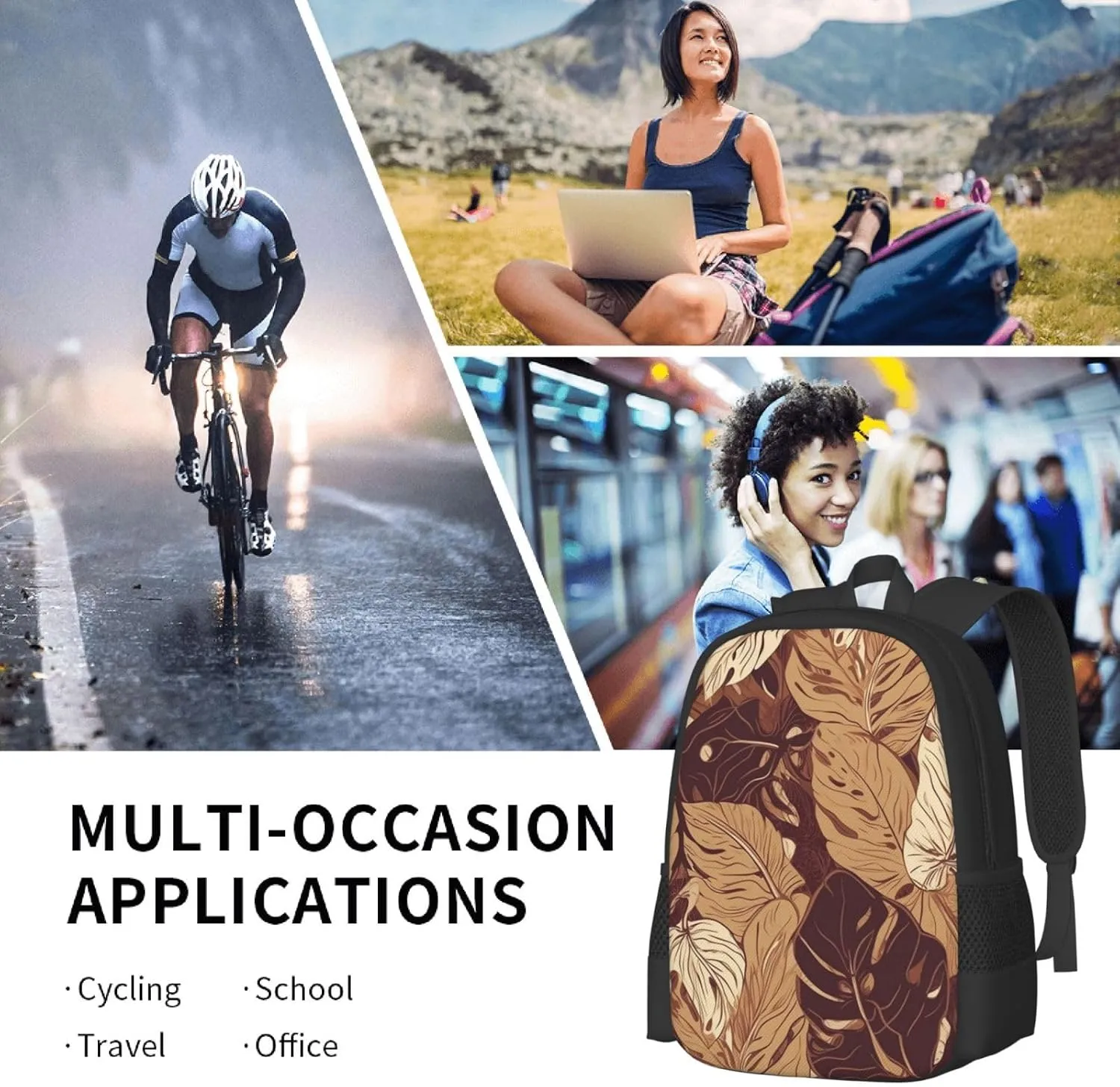 Travel Backpack for Women Men Laptop Backpack 15.6 Inch Computer Bag Brown tropical leaves Carry on Backpack