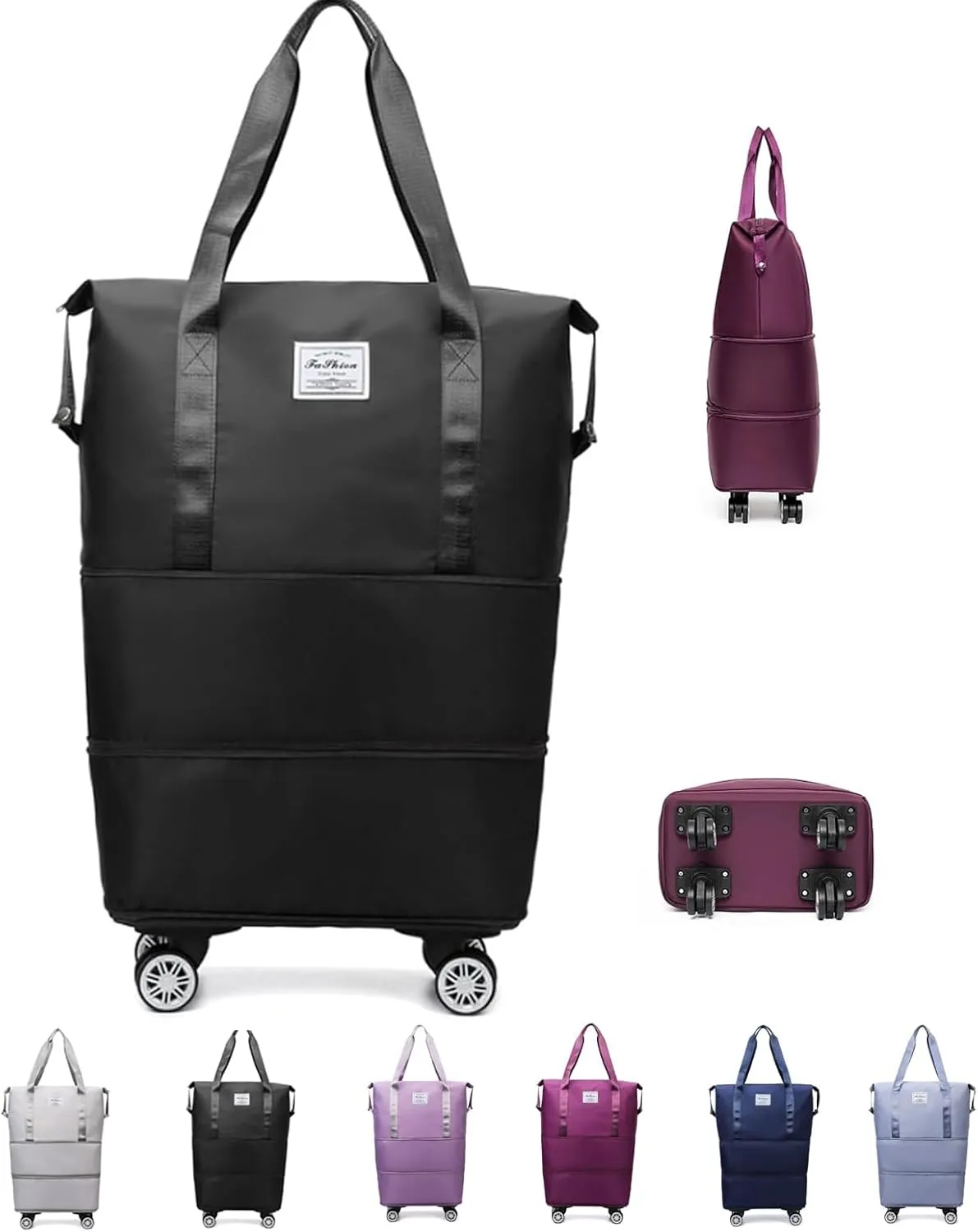 Travel Bag with Wheels - Expandable Foldie Wheeled Duffel 28-58L, Spinner Wheels, Waterproof - Perfect Carry On Luggage for Weekend Trips, Gym, Camping (Black)