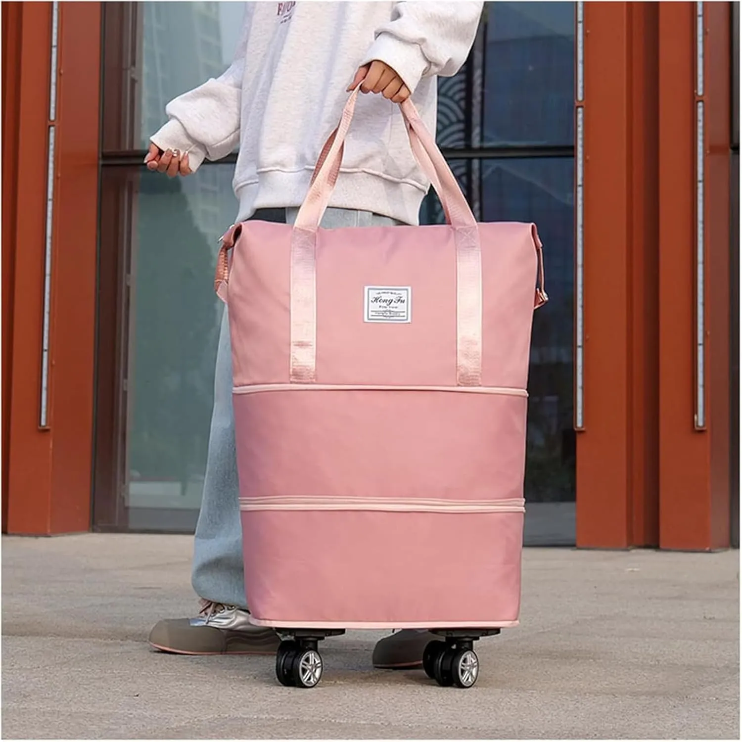 Travel Bag with Wheels - Expandable Foldie Wheeled Duffel 28-58L, Spinner Wheels, Waterproof - Perfect Carry On Luggage for Weekend Trips, Gym, Camping (Black)