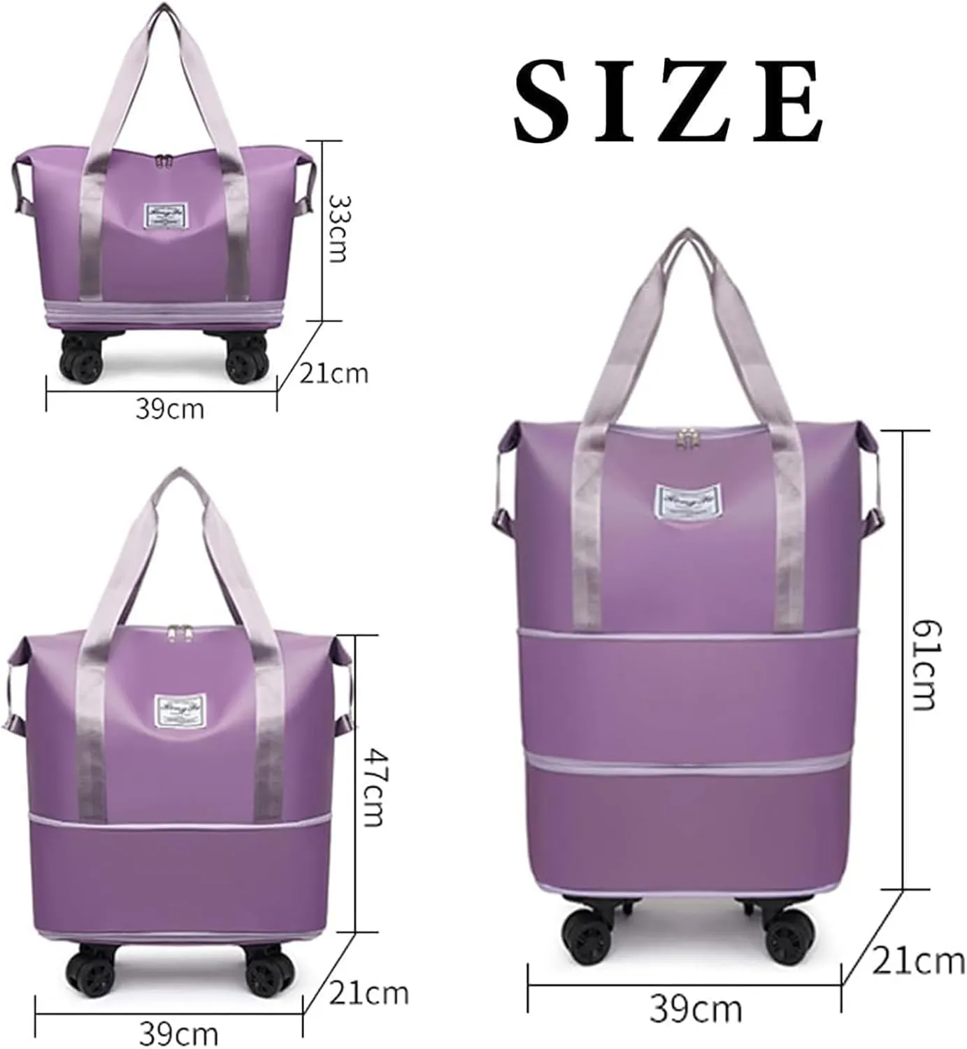 Travel Bag with Wheels - Expandable Foldie Wheeled Duffel 28-58L, Spinner Wheels, Waterproof - Perfect Carry On Luggage for Weekend Trips, Gym, Camping (Black)