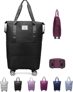 Travel Bag with Wheels - Expandable Foldie Wheeled Duffel 28-58L, Spinner Wheels, Waterproof - Perfect Carry On Luggage for Weekend Trips, Gym, Camping (Black)