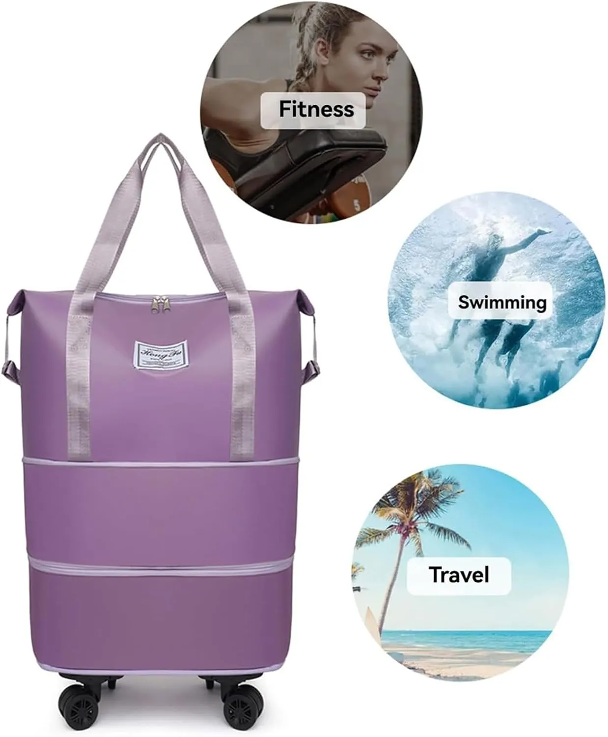 Travel Bag with Wheels - Expandable Foldie Wheeled Duffel 28-58L, Spinner Wheels, Waterproof - Perfect Carry On Luggage for Weekend Trips, Gym, Camping (Black)