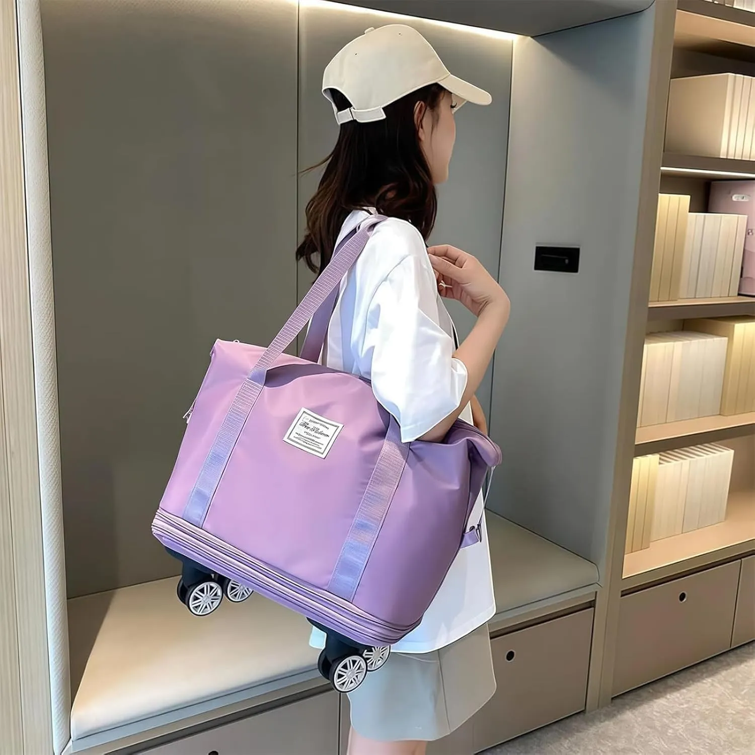 Travel Bag with Wheels - Expandable Foldie Wheeled Duffel 28-58L, Spinner Wheels, Waterproof - Perfect Carry On Luggage for Weekend Trips, Gym, Camping (Dark Purple)
