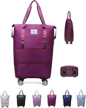 Travel Bag with Wheels - Expandable Foldie Wheeled Duffel 28-58L, Spinner Wheels, Waterproof - Perfect Carry On Luggage for Weekend Trips, Gym, Camping (Dark Purple)