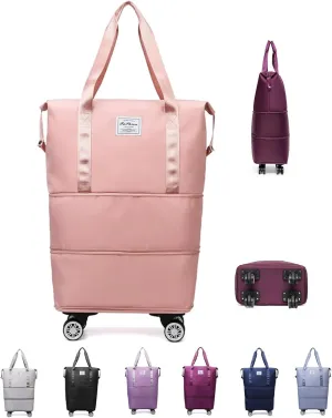 Travel Bag with Wheels - Expandable Foldie Wheeled Duffel 28-58L, Spinner Wheels, Waterproof - Perfect Carry On Luggage for Weekend Trips, Gym, Camping (Pink)