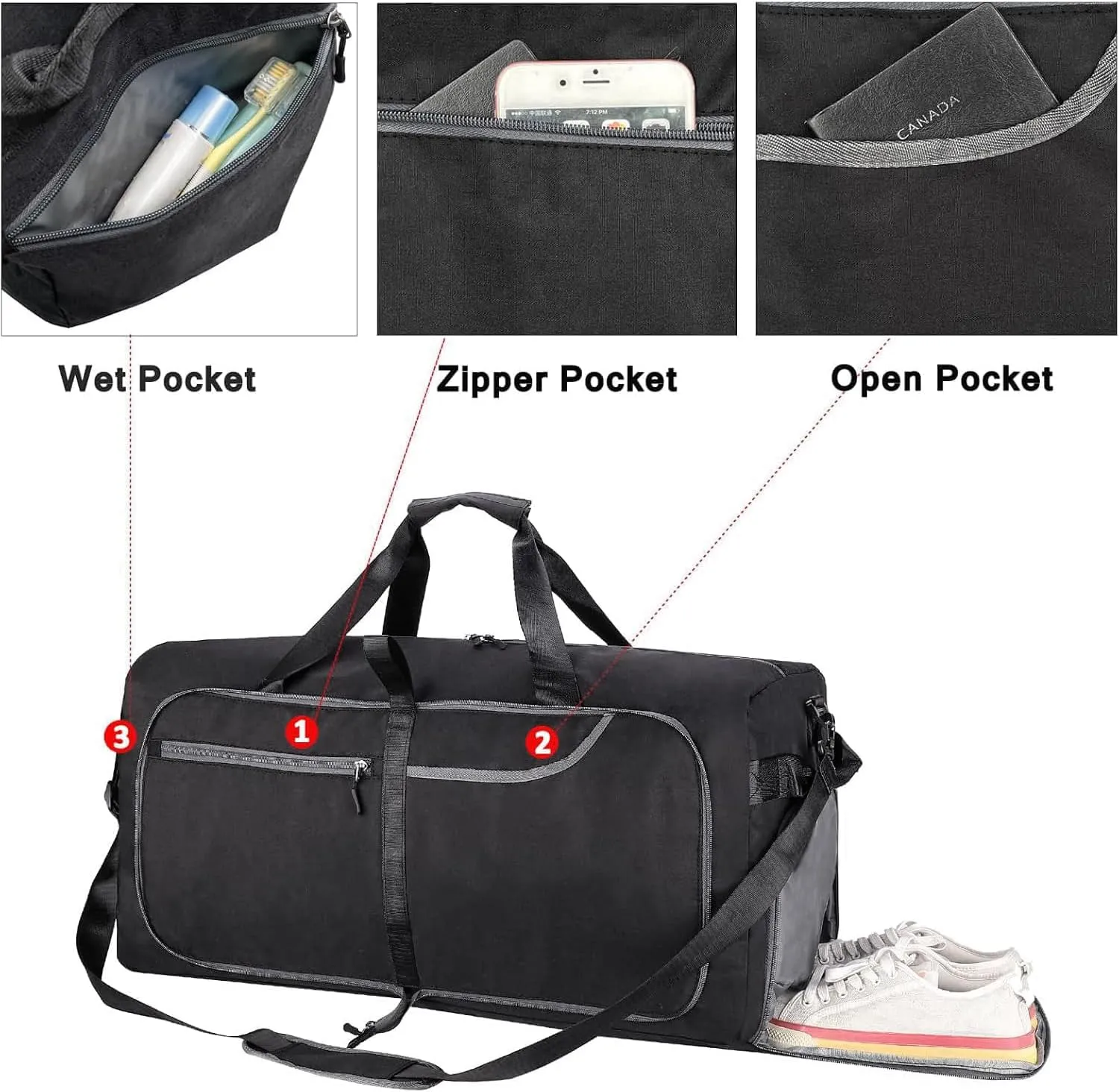 Travel Duffle Bag for Men, Large Foldable Duffel Bags for Traveling with Shoes & Wet Compartment Waterproof Weekender Gym Bag for Men Women(65LBlack)