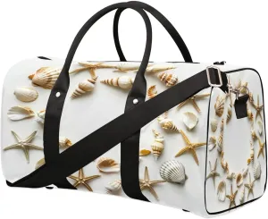 Travel Duffle Bag White Sea Shells Circular Foldable Travel Bags for Men Women, 17 Inch Gym Bag Workout Bag Carry on Weekender Overnight Bag for Gym Travel