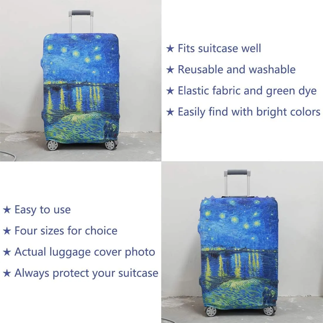 TRAVEL KIN Thickened Luggage Cover, 18/24/28/32 Inch Suitcase Spandex Protective Cover (S(18"-21" luggage), Starry Night Over the Rhone)