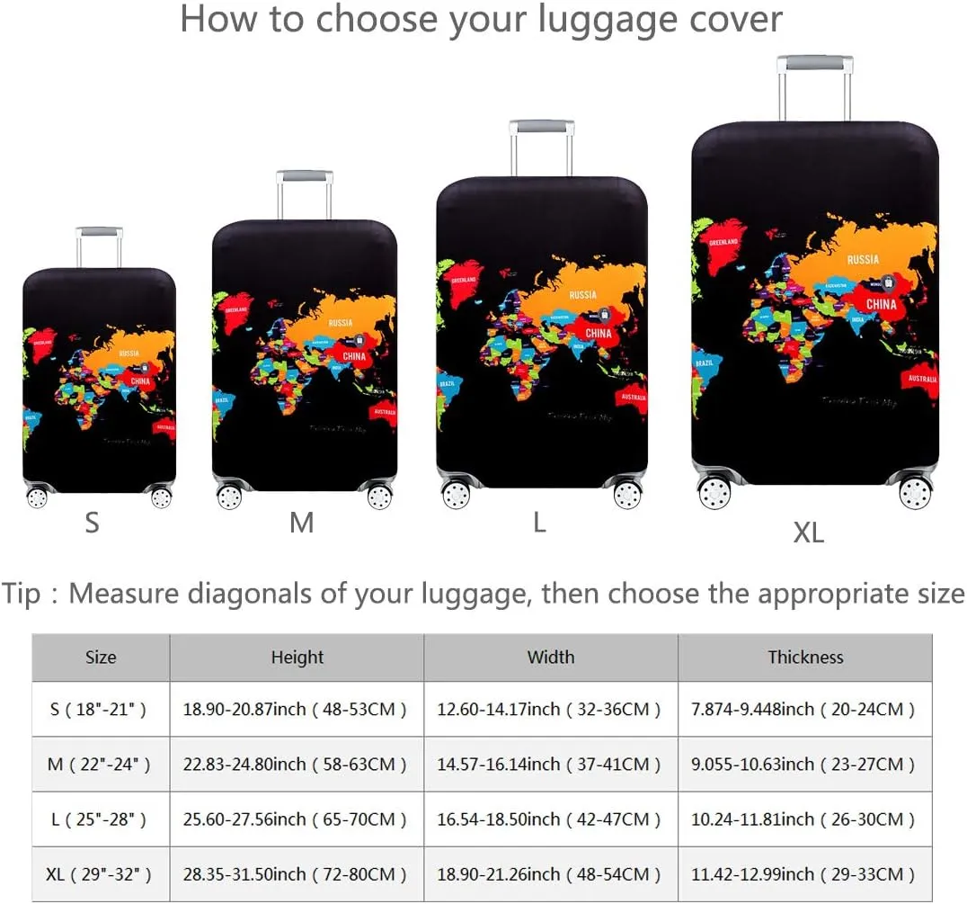 TRAVEL KIN Washable Travel Gear Luggage Cover, Thickened 18/24/28/32 Inch Spandex Protective Cover (XL 29"-32" Country Map)