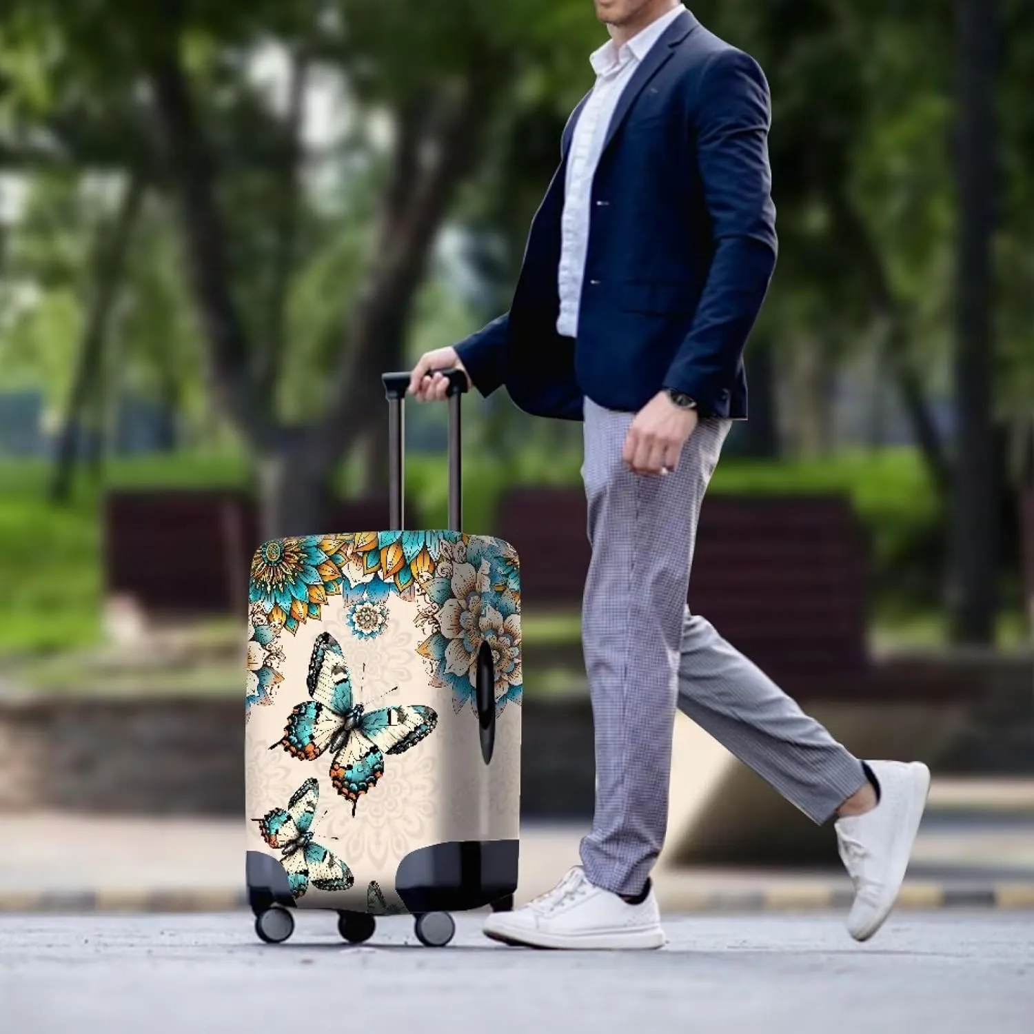 Travel Luggage Cover, Boho Butterfly Flower Print Pink Suitcase Protector Travel Lables Elastic Stretchable Washable Baggage Covers Fits 25-28 Inch Luggage